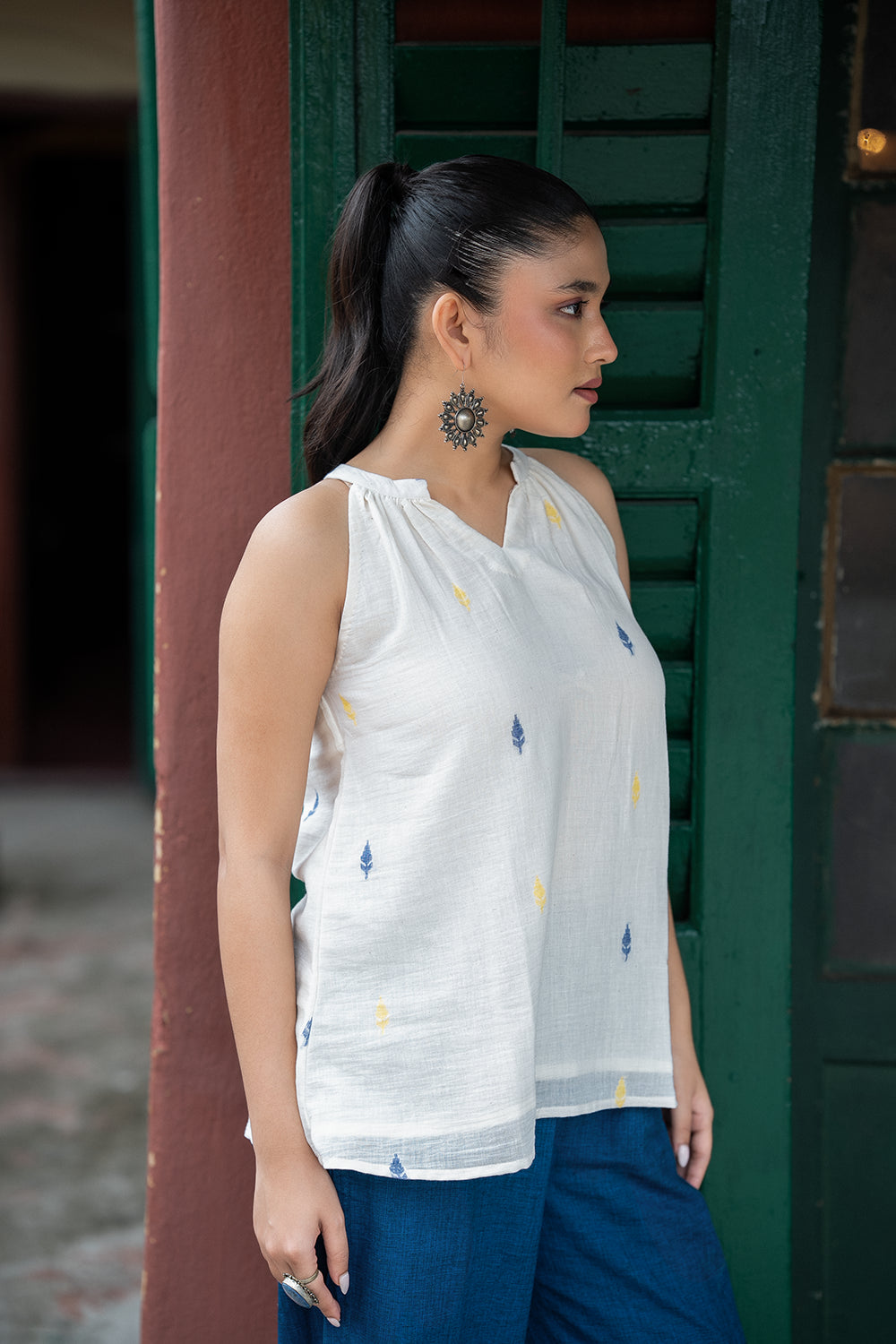 Off White Leaf Jamdani Top