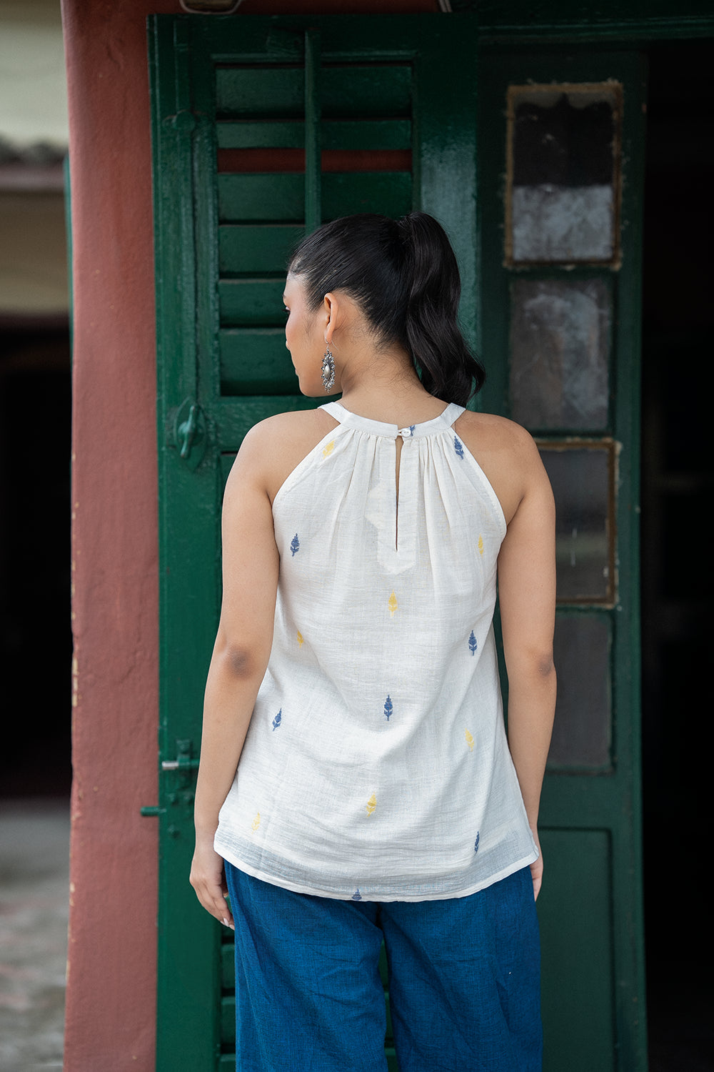 Off White Leaf Jamdani Top