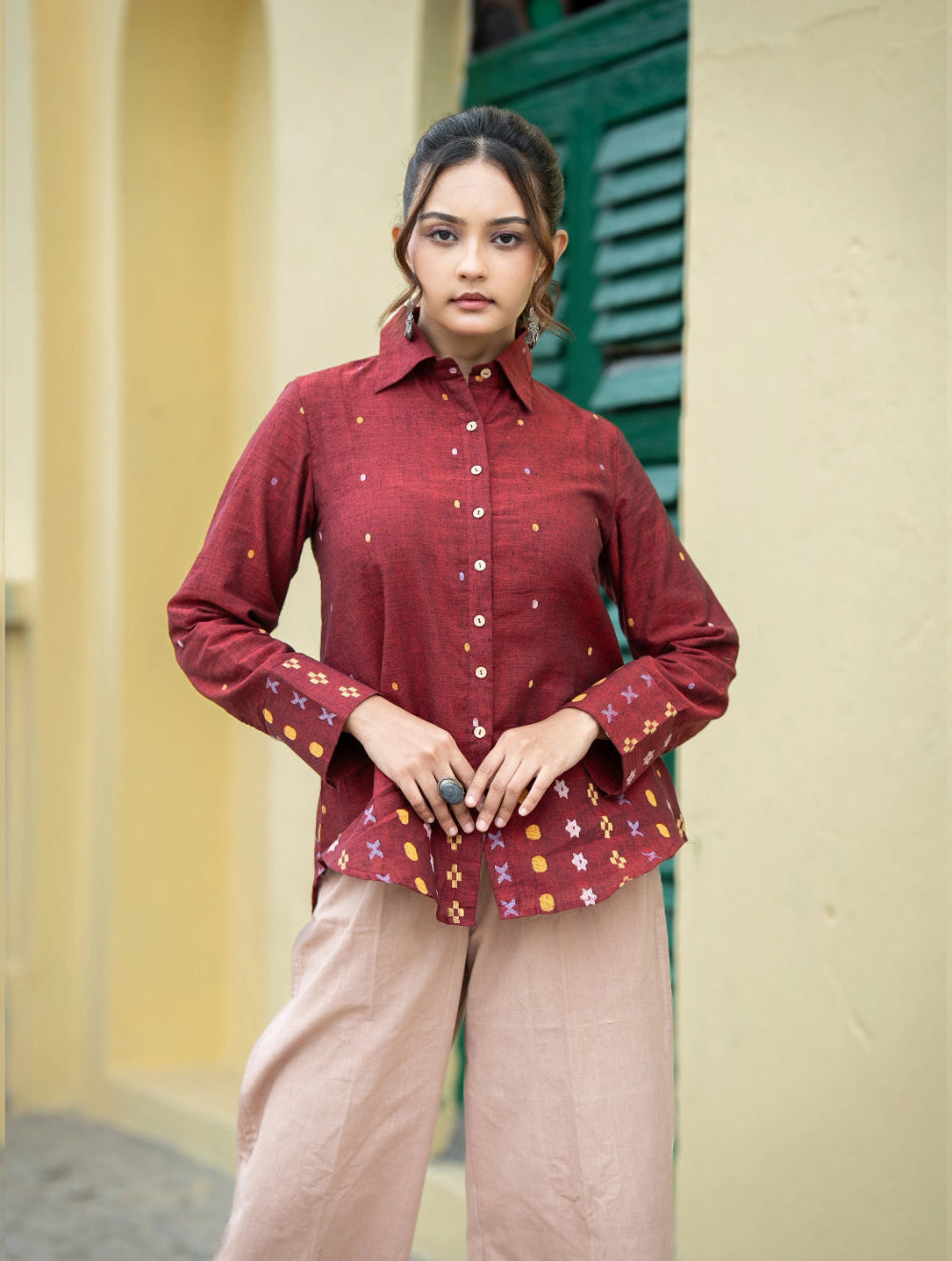 Maroon Heritage Handwoven Pure Cotton Jamdani Shirt