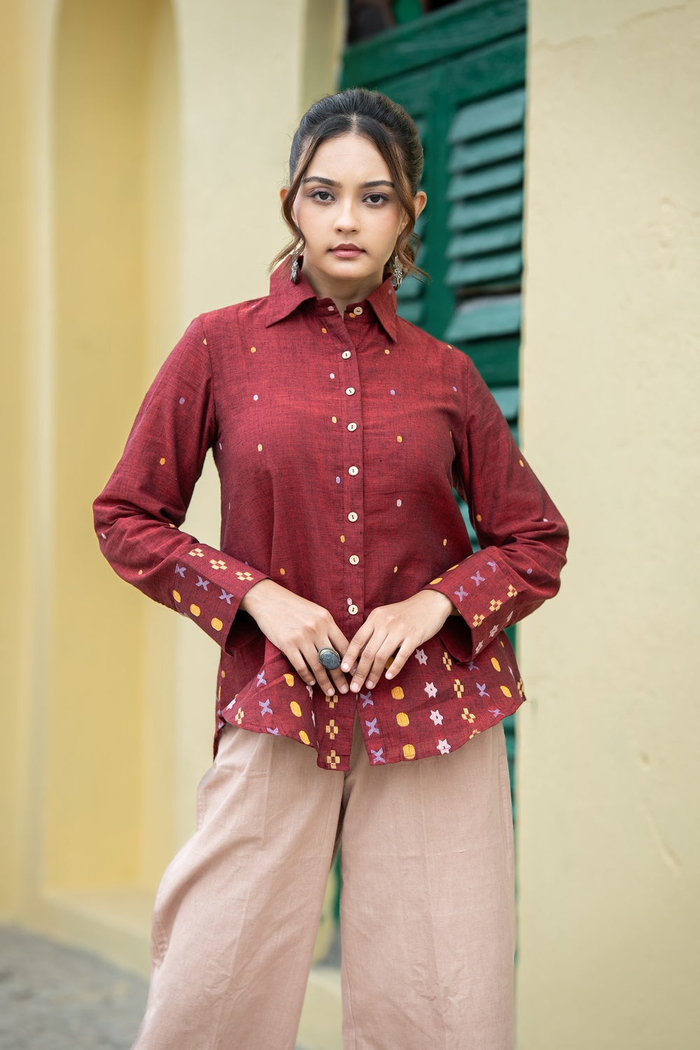 Maroon Heritage Handwoven Pure Cotton Jamdani Shirt