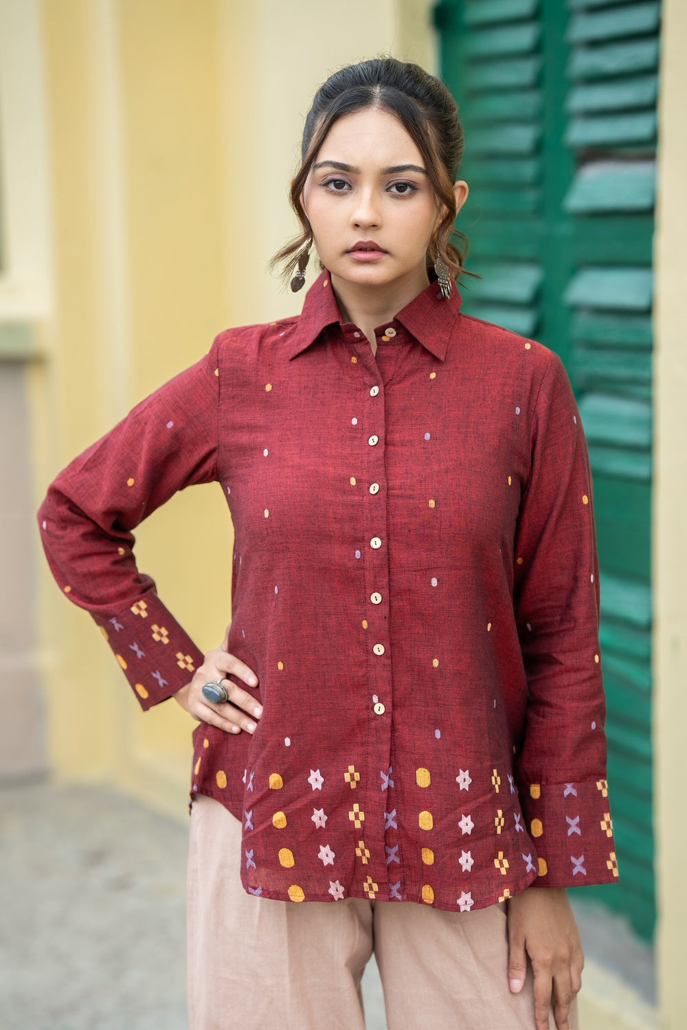 Maroon Heritage Handwoven Pure Cotton Jamdani Shirt