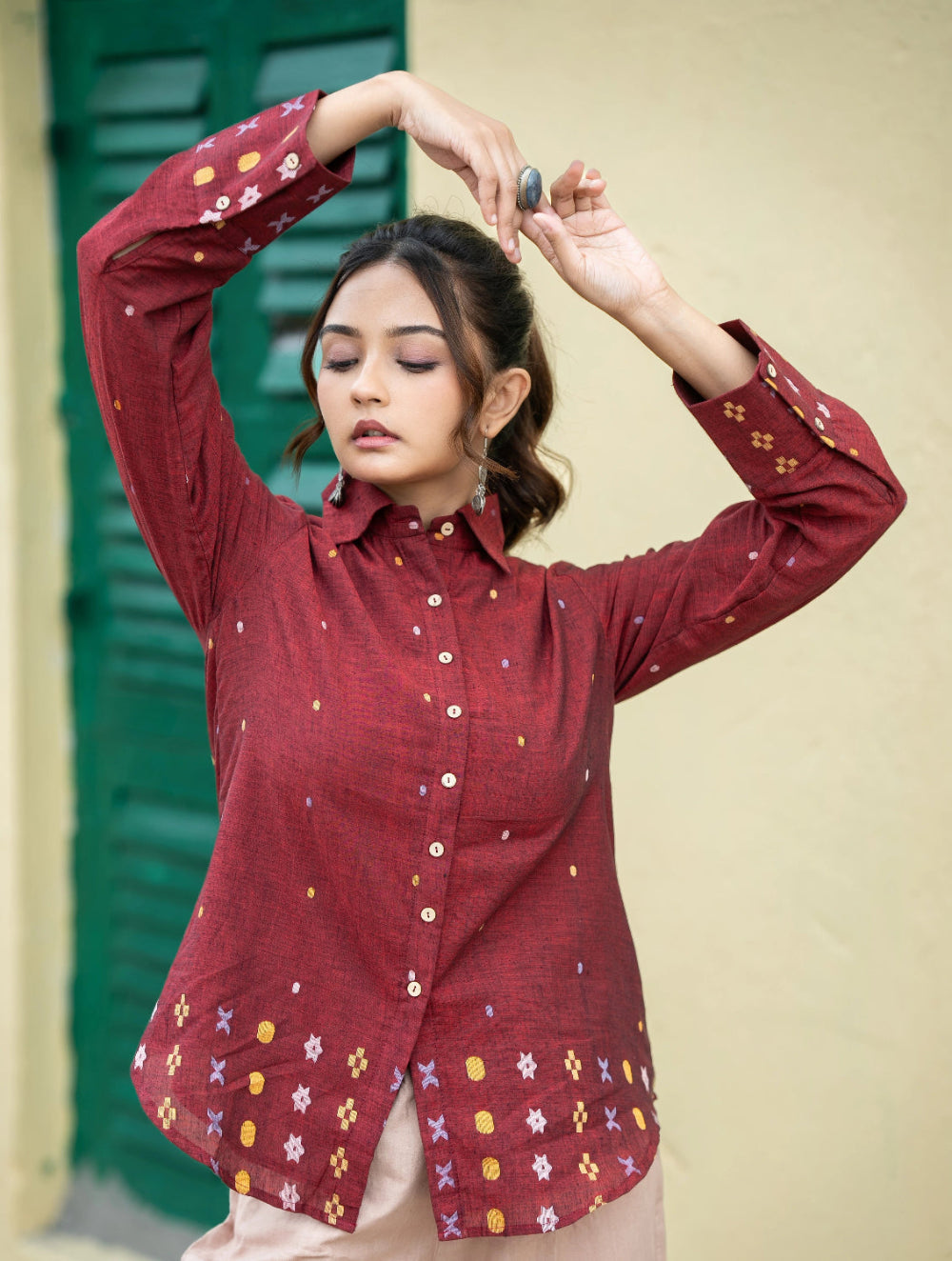 Maroon Heritage Handwoven Pure Cotton Jamdani Shirt