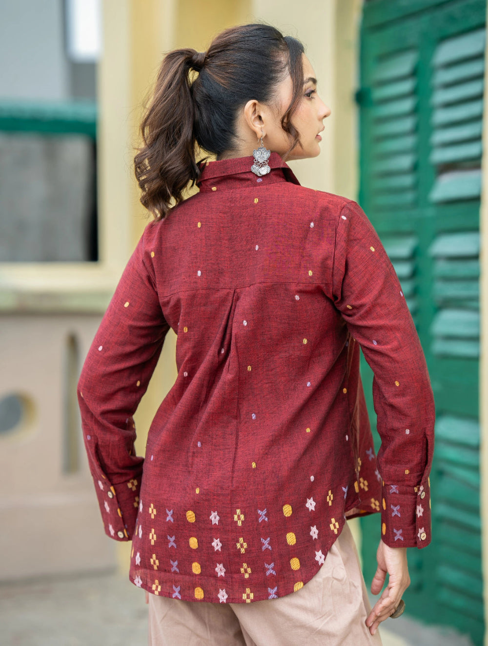 Maroon Heritage Handwoven Pure Cotton Jamdani Shirt