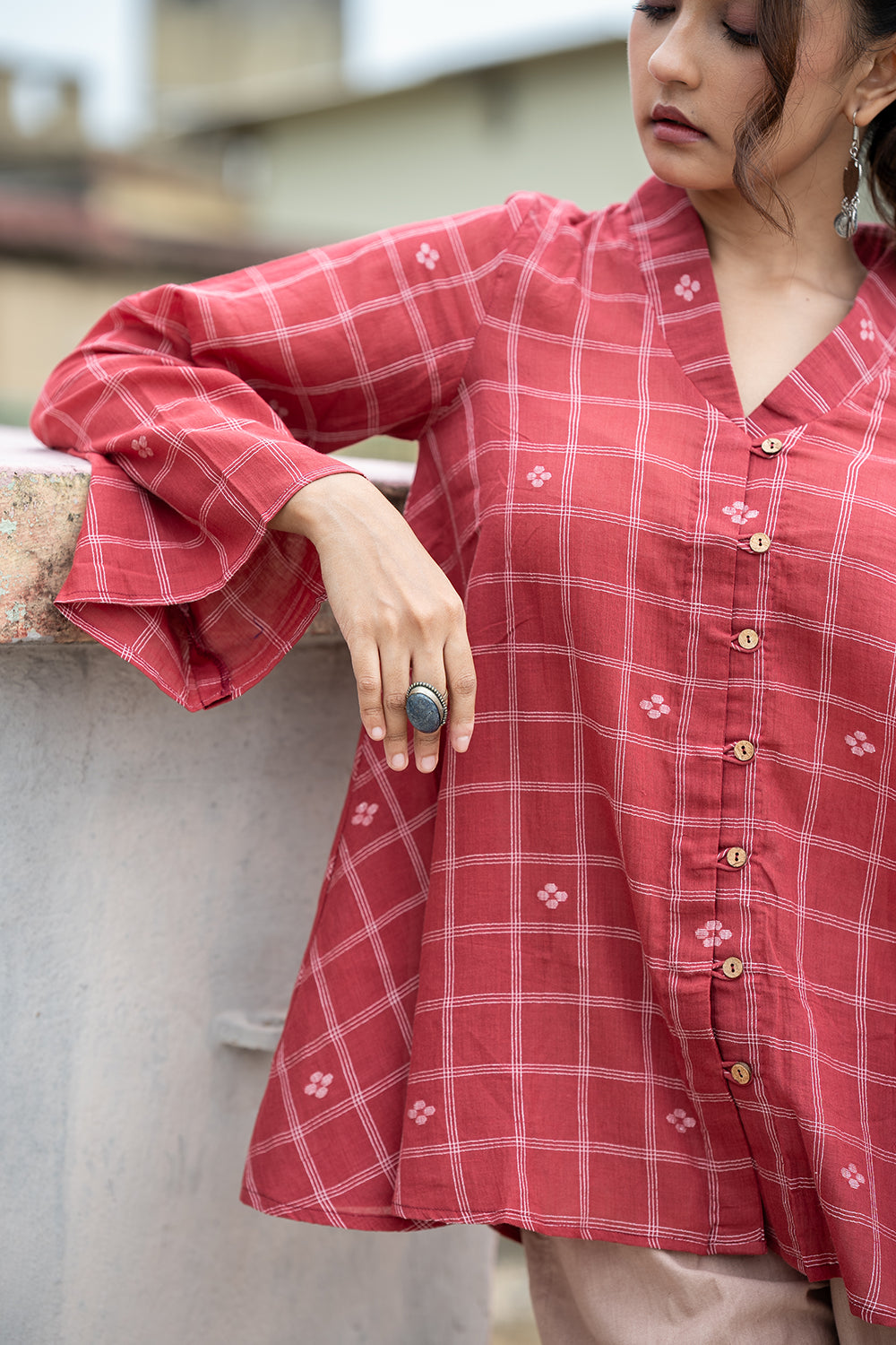 Red Check Handwoven Pure Cotton Jamdani Top