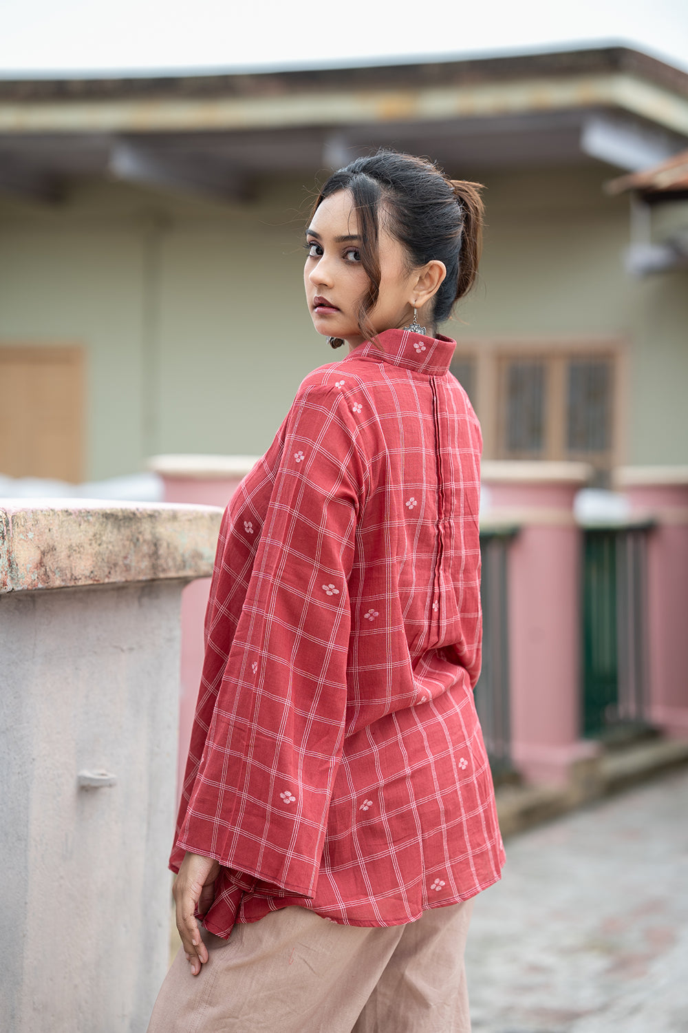 Red Check Handwoven Pure Cotton Jamdani Top