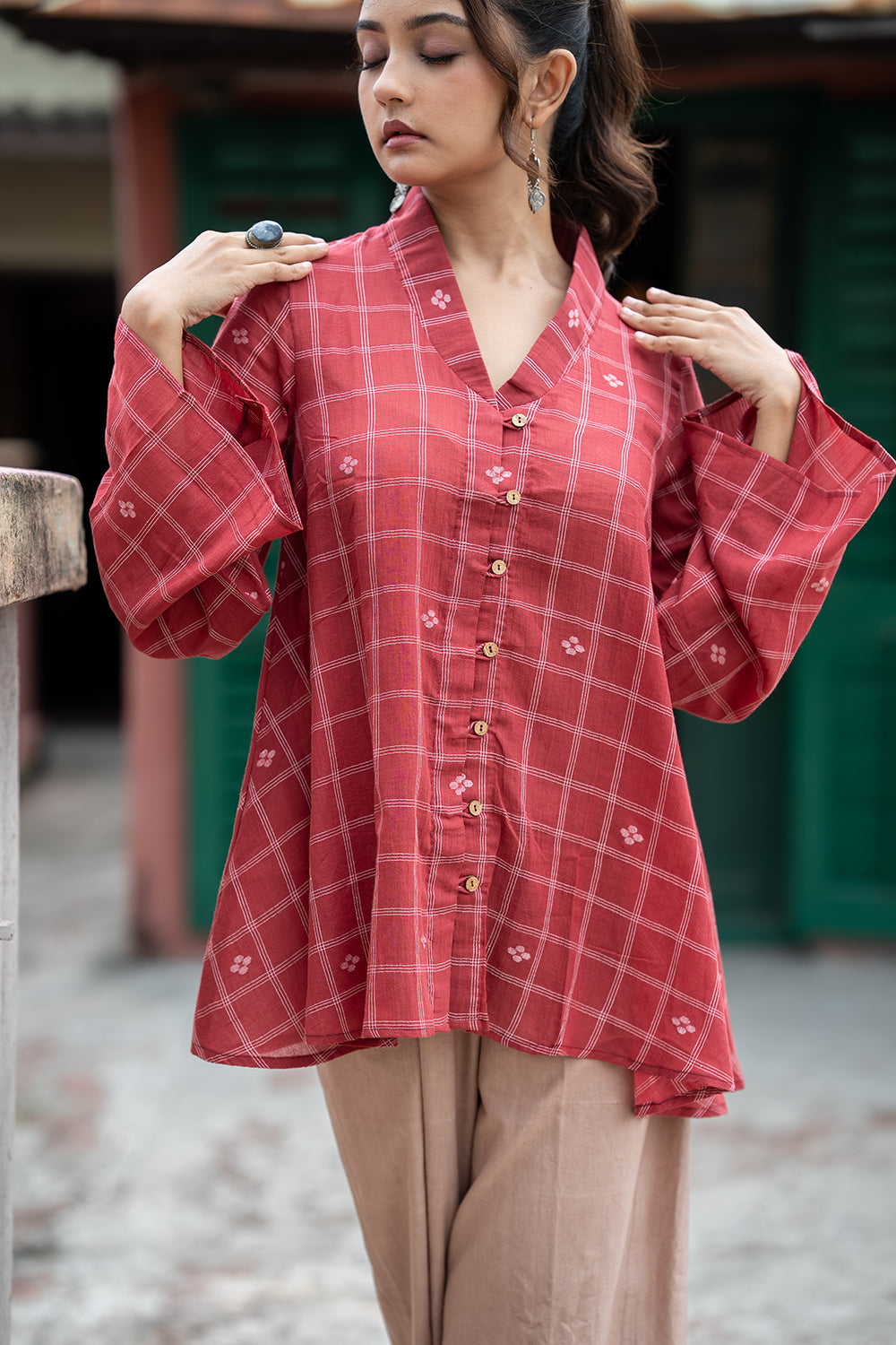 Red Check Handwoven Pure Cotton Jamdani Top
