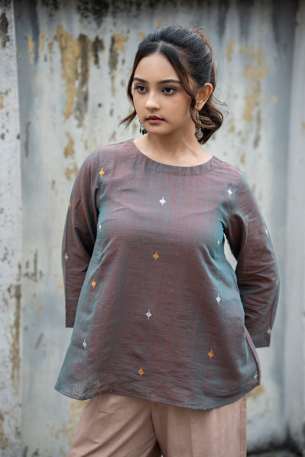 Brown Duo Tone Jamdani Hand-Woven Top