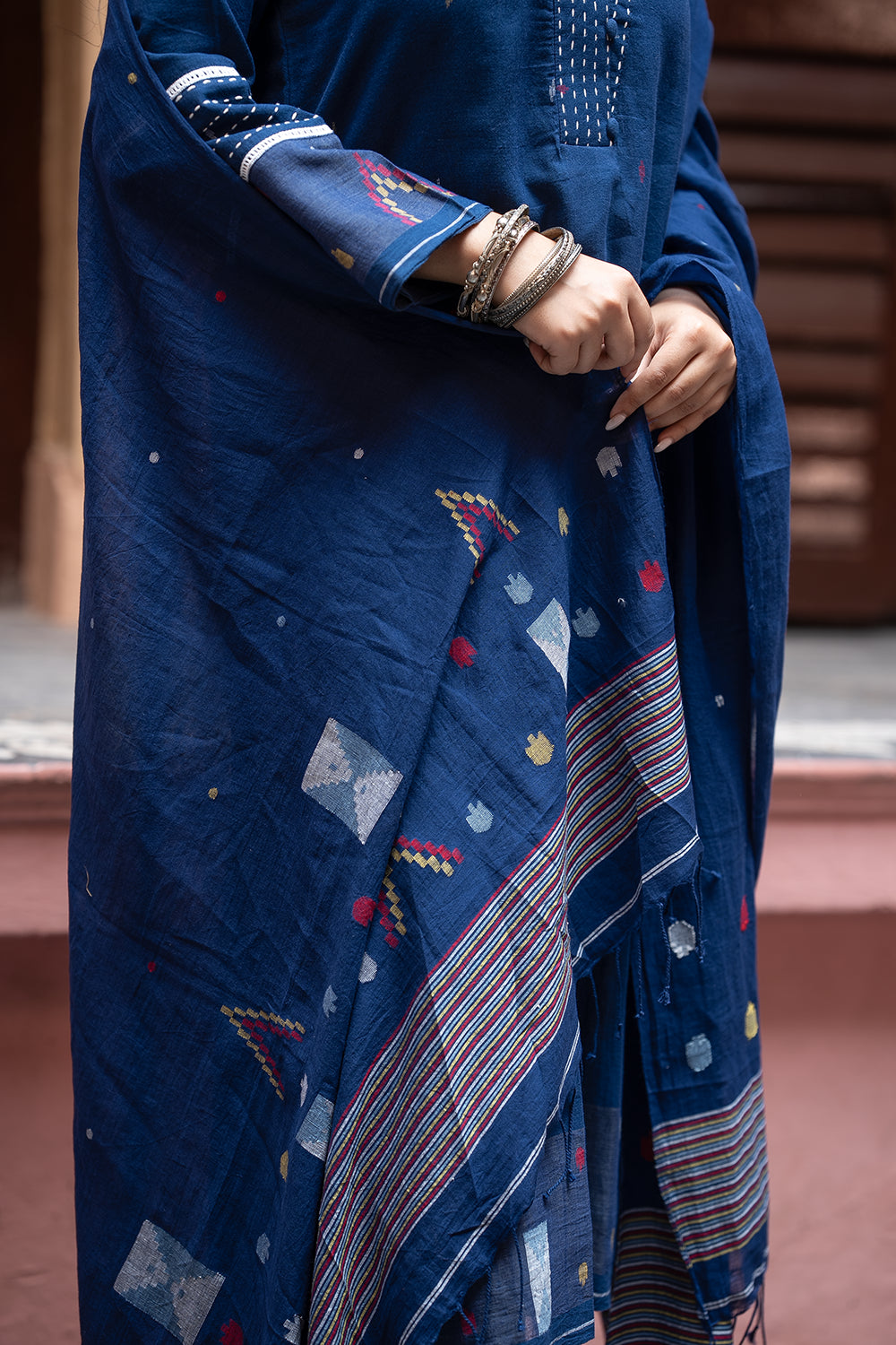 Blue Handwoven Jamdani Cotton Kurta Set With Dupatta