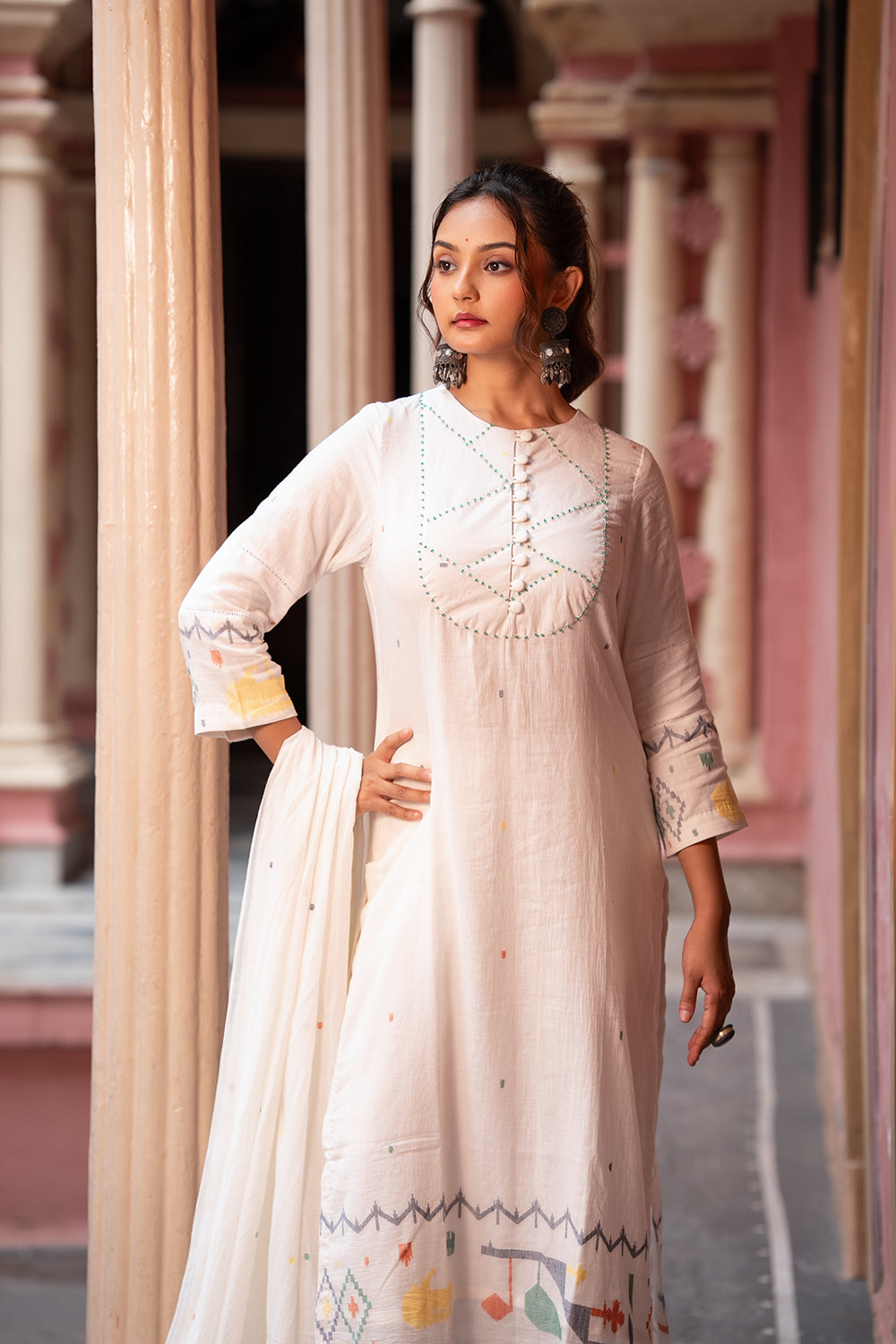 Off White Jamdani Handwoven Cotton Kurta Set with Dupatta