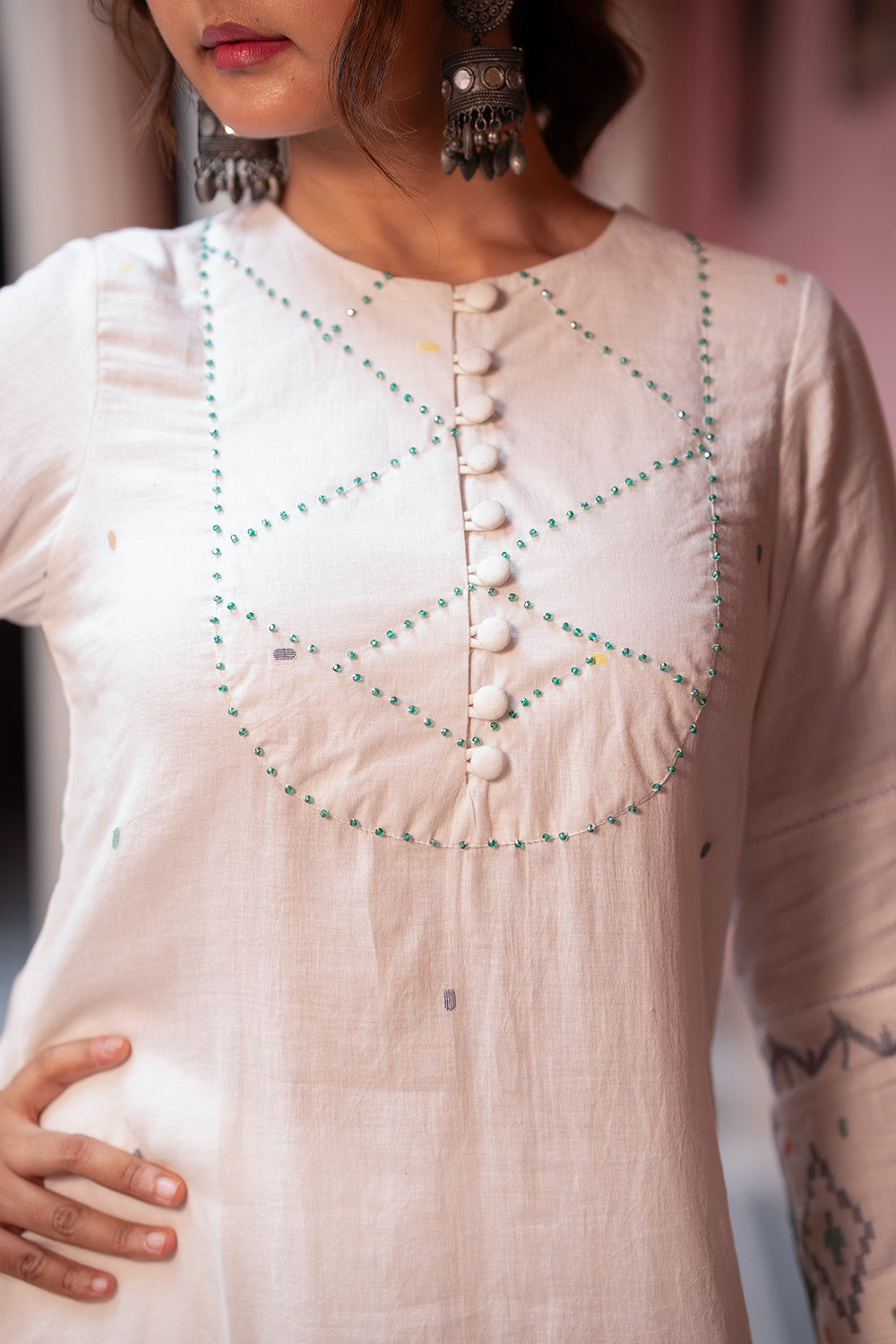 Off White Jamdani Handwoven Cotton Kurta Set with Dupatta