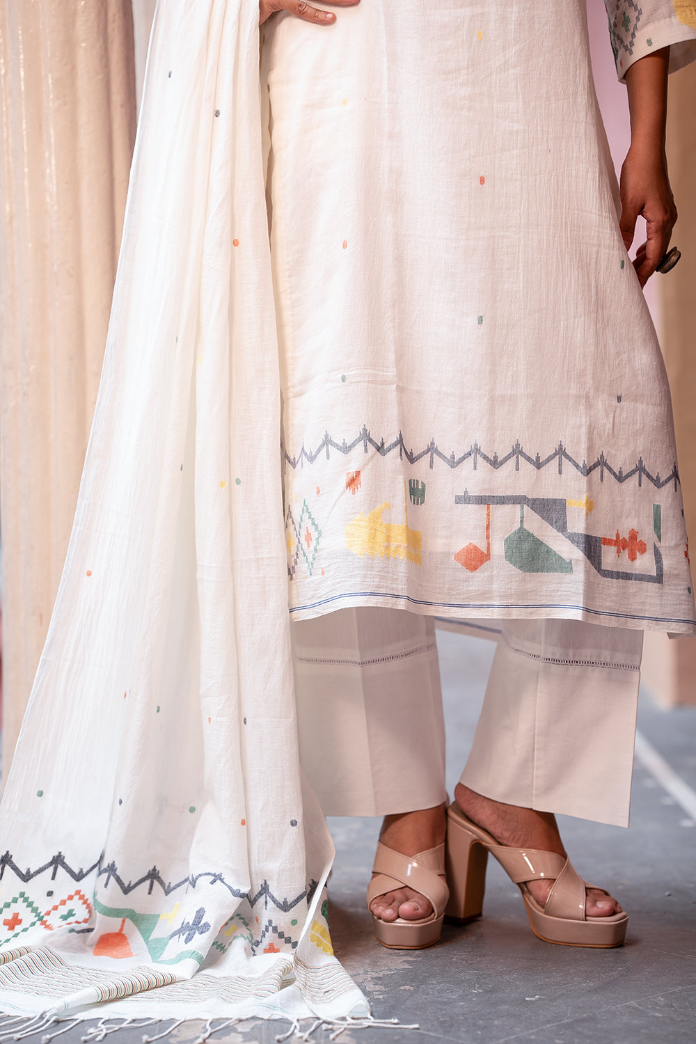 Off White Jamdani Handwoven Cotton Kurta Set with Dupatta