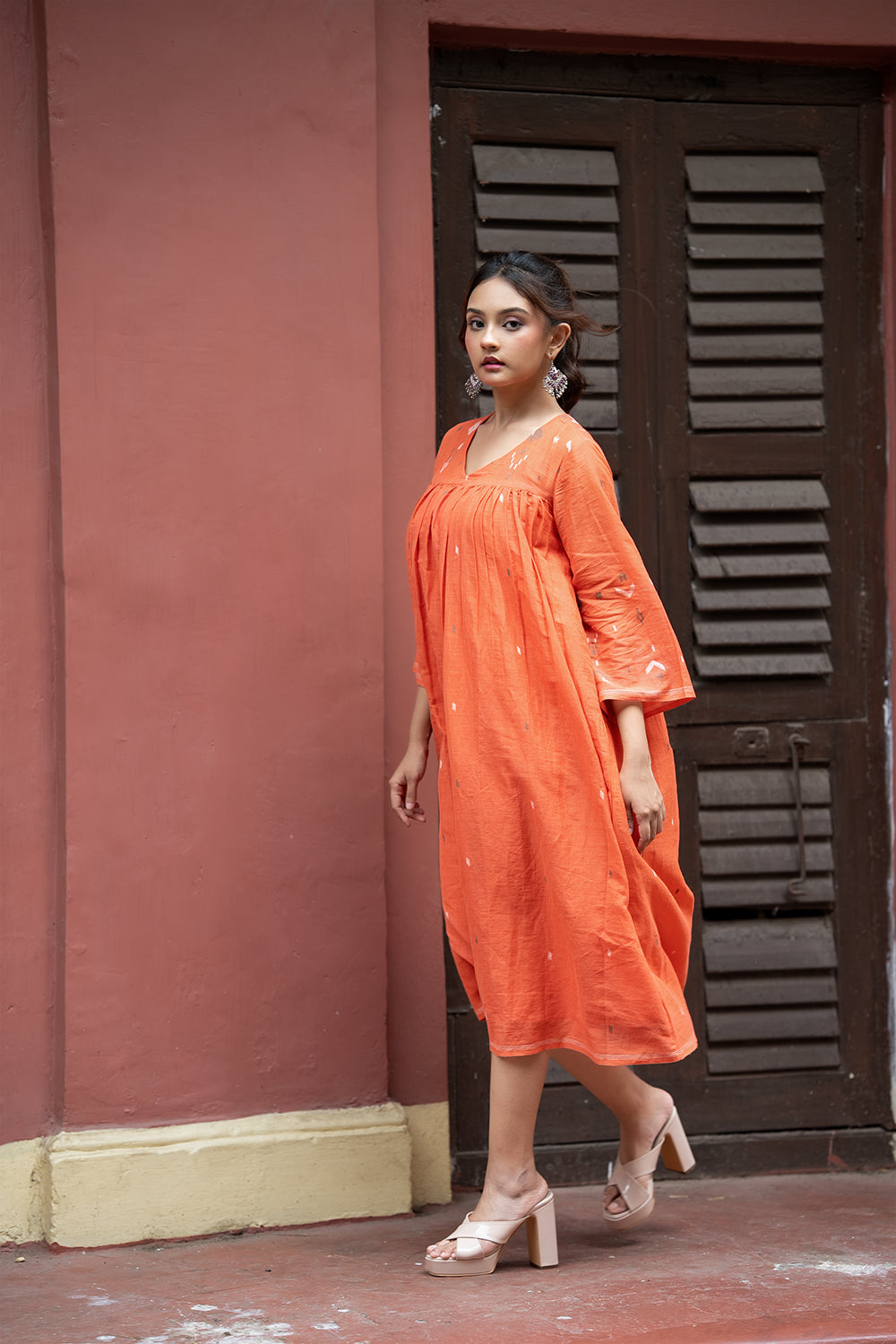 Rust Orange Jamdani Handwoven Pure Cotton Dress