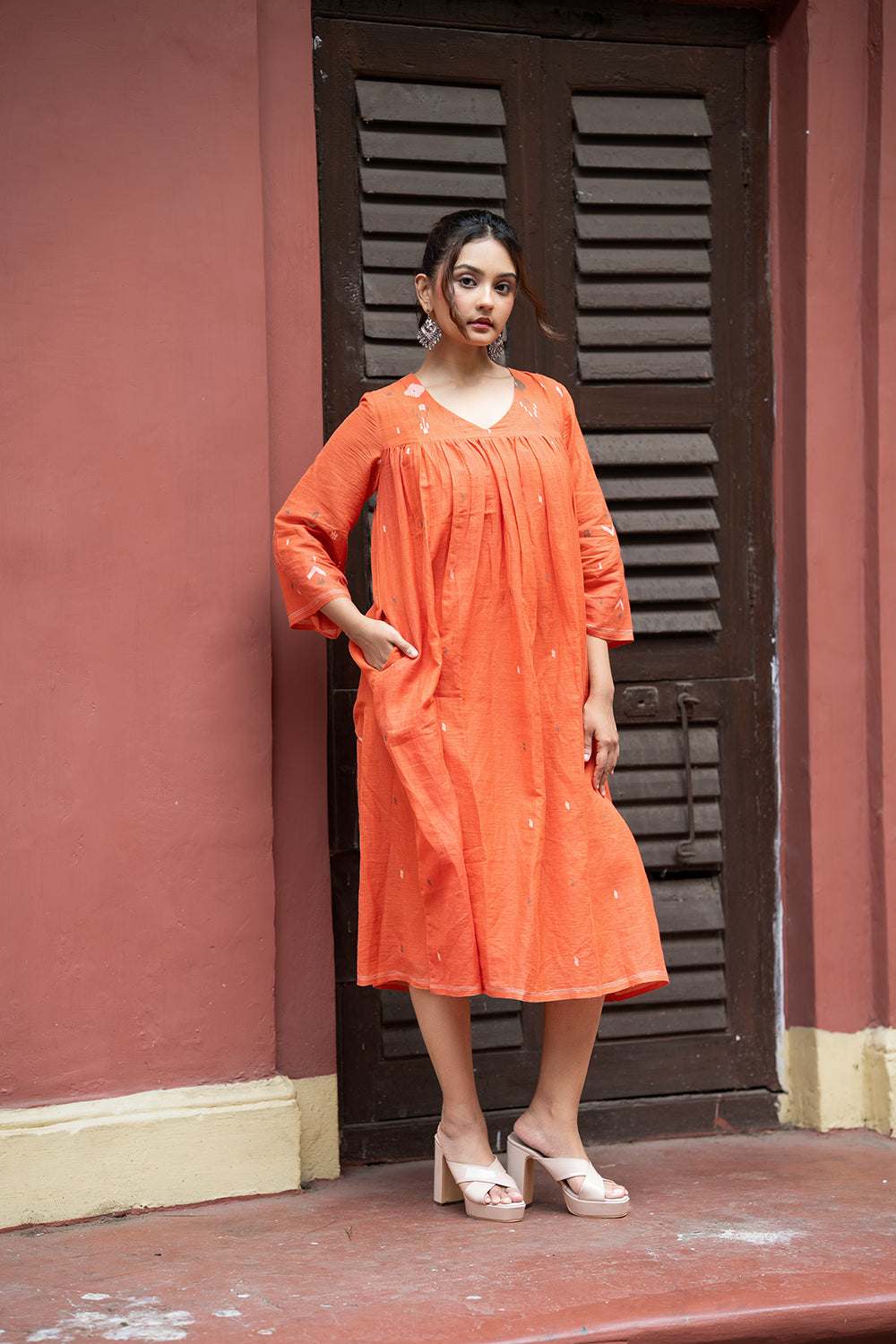 Rust Orange Jamdani Handwoven Pure Cotton Dress
