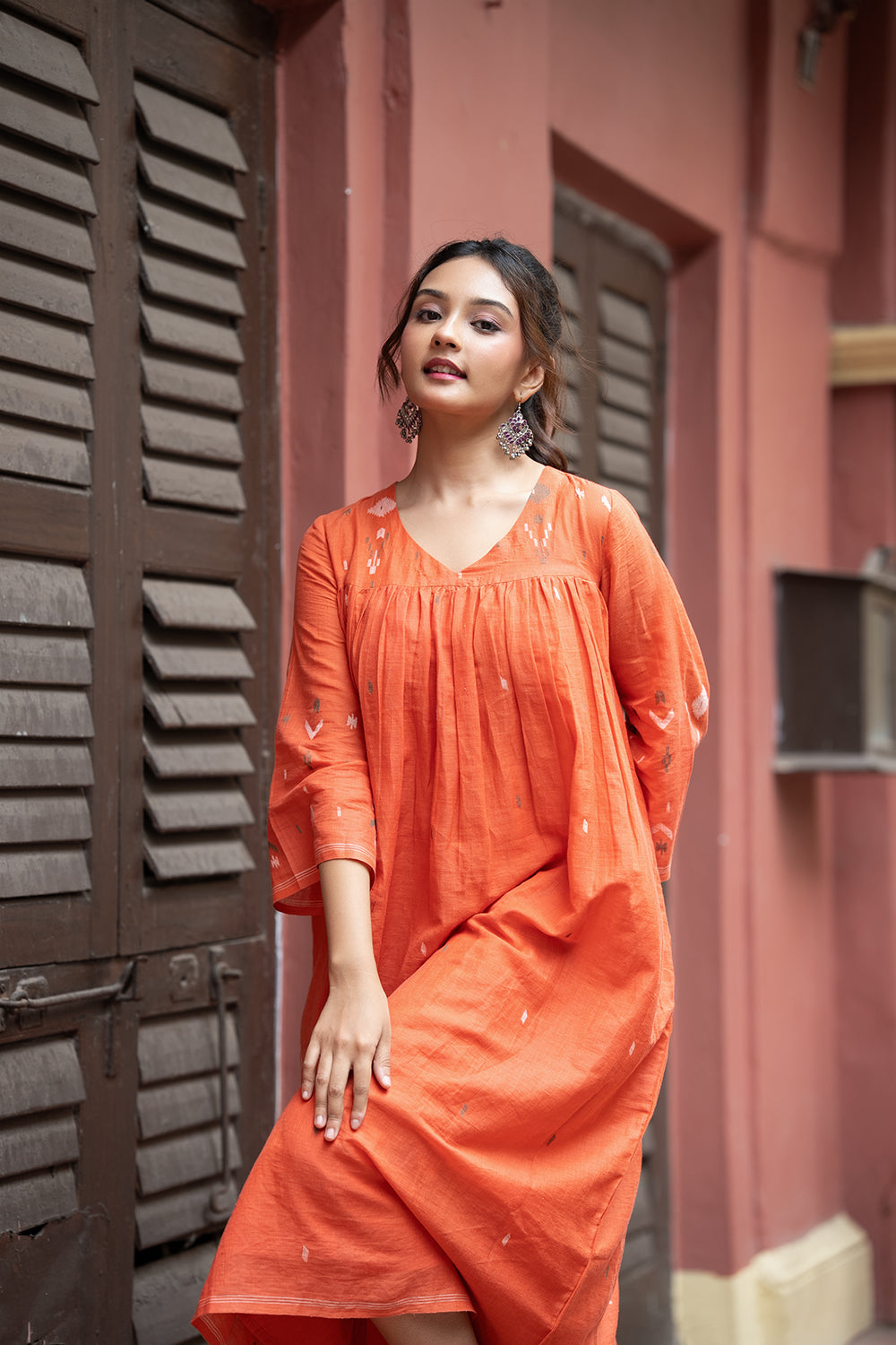 Rust Orange Jamdani Handwoven Pure Cotton Dress