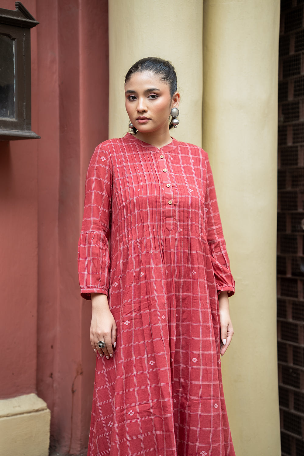 Red Check Handwoven Pure Cotton Jamdani Dress