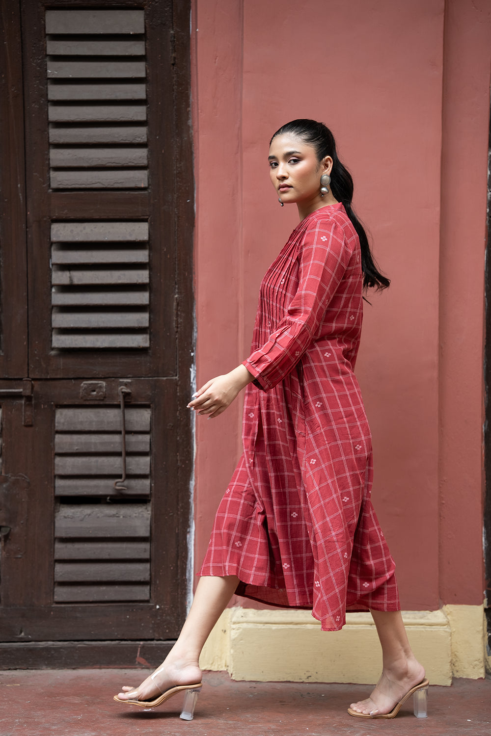 Red Check Handwoven Pure Cotton Jamdani Dress