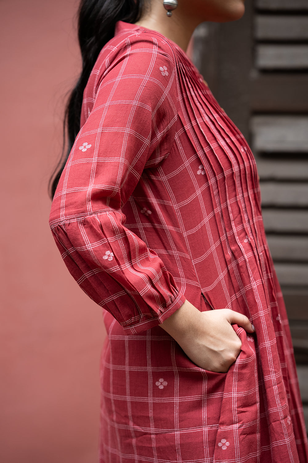 Red Check Handwoven Pure Cotton Jamdani Dress
