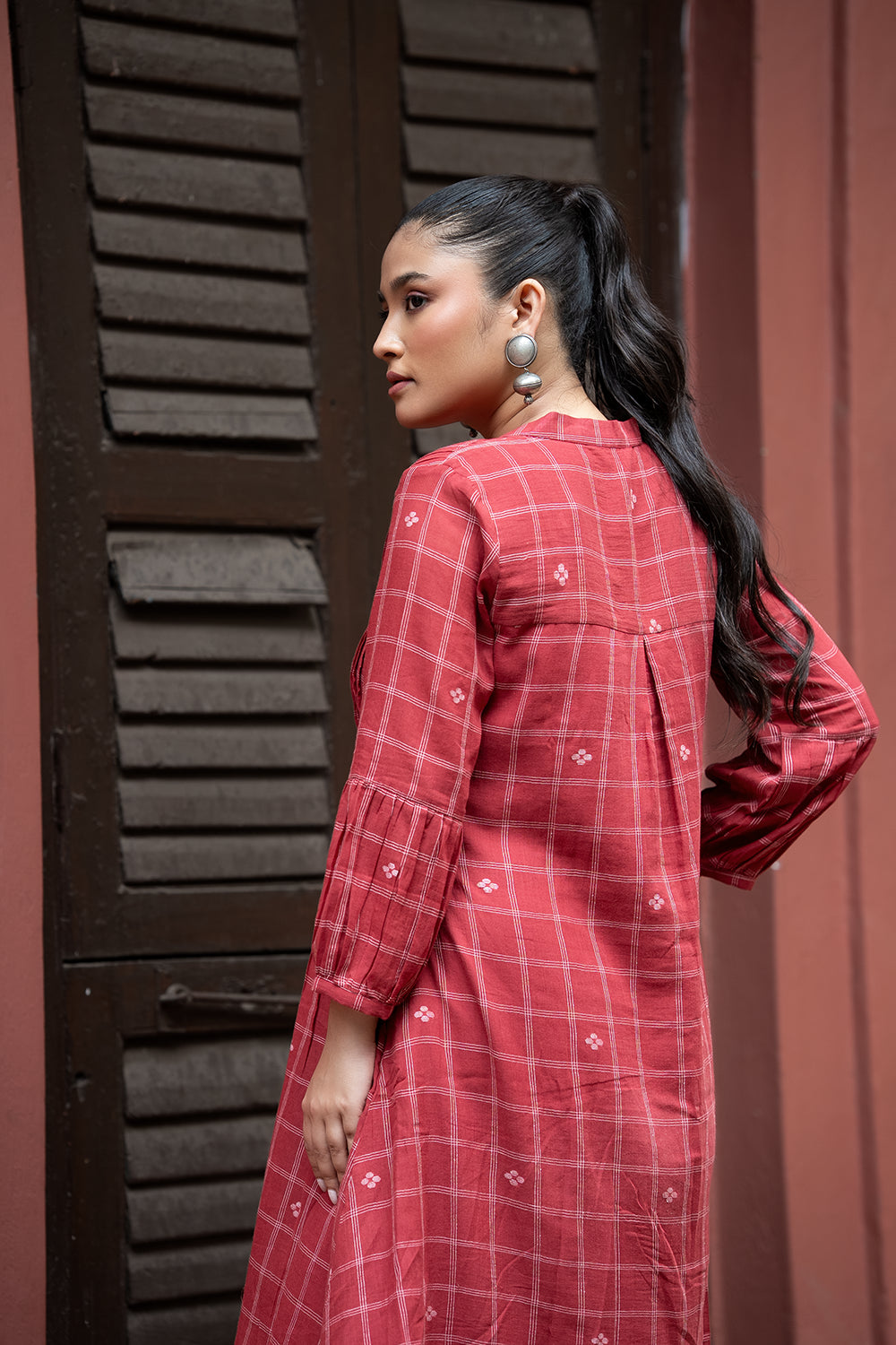 Red Check Handwoven Pure Cotton Jamdani Dress