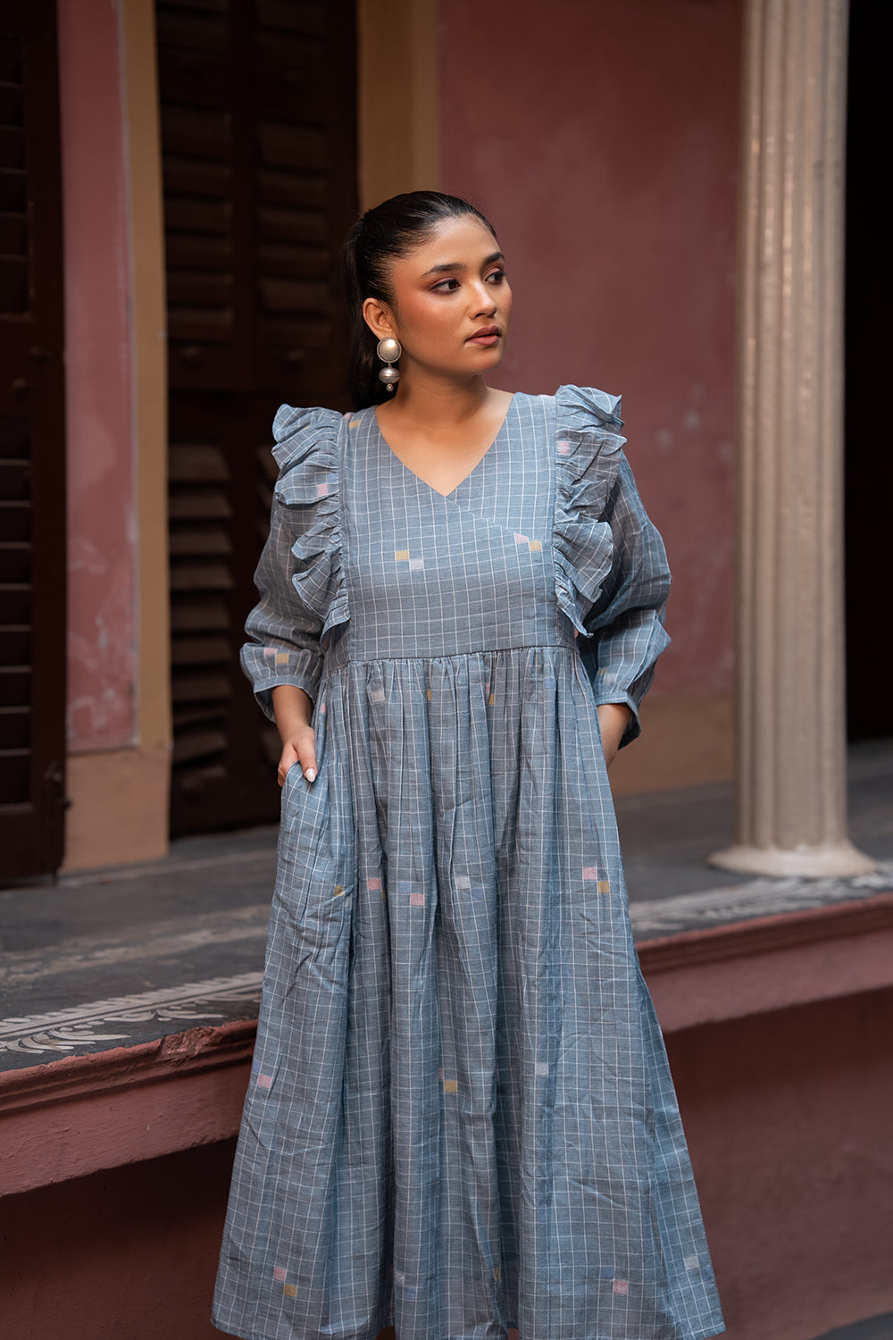 Dusty Blue Handwoven Pure Cotton Jamdani Dress