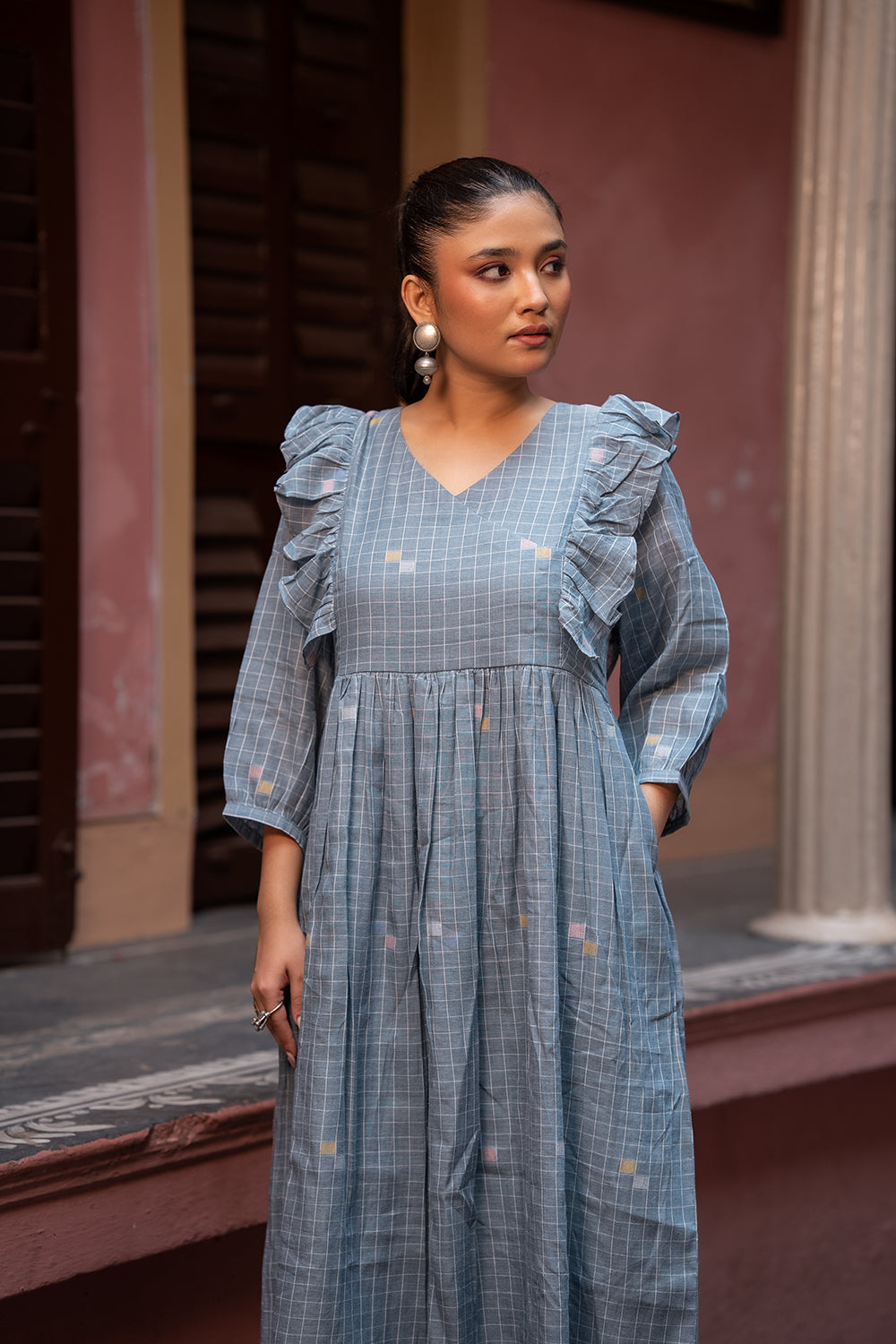 Dusty Blue Handwoven Pure Cotton Jamdani Dress