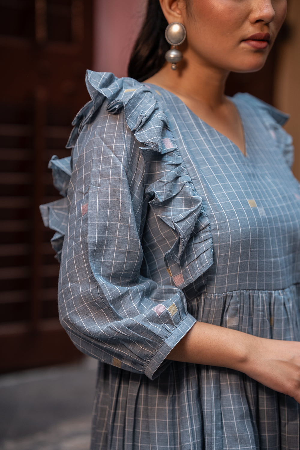 Dusty Blue Handwoven Pure Cotton Jamdani Dress