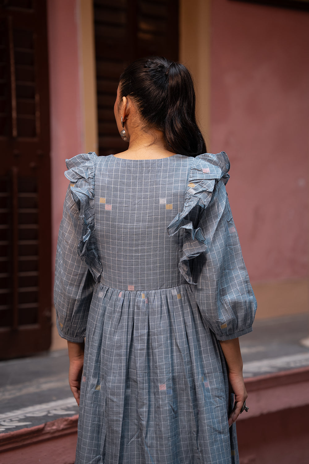 Dusty Blue Handwoven Pure Cotton Jamdani Dress