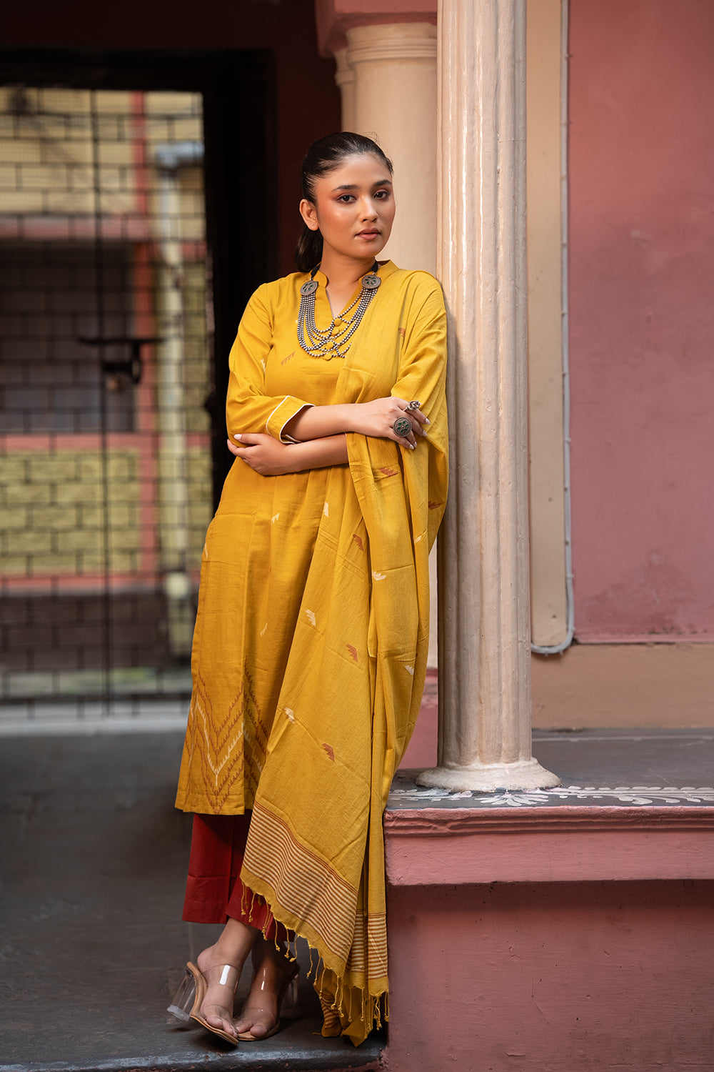 Mustard Yellow Jamdani Handwoven Pure Cotton Kurta Set