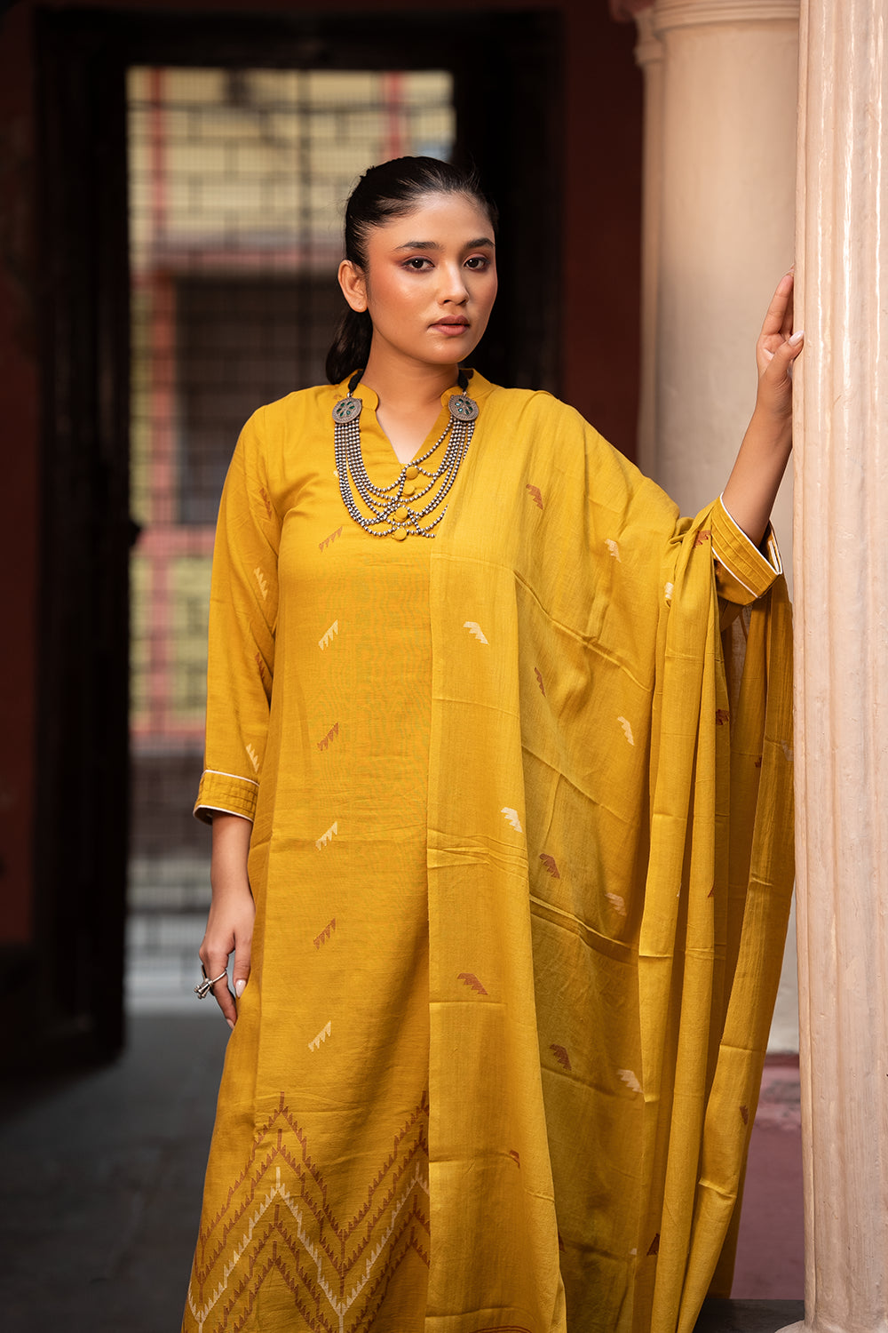 Mustard Yellow Jamdani Handwoven Pure Cotton Kurta Set