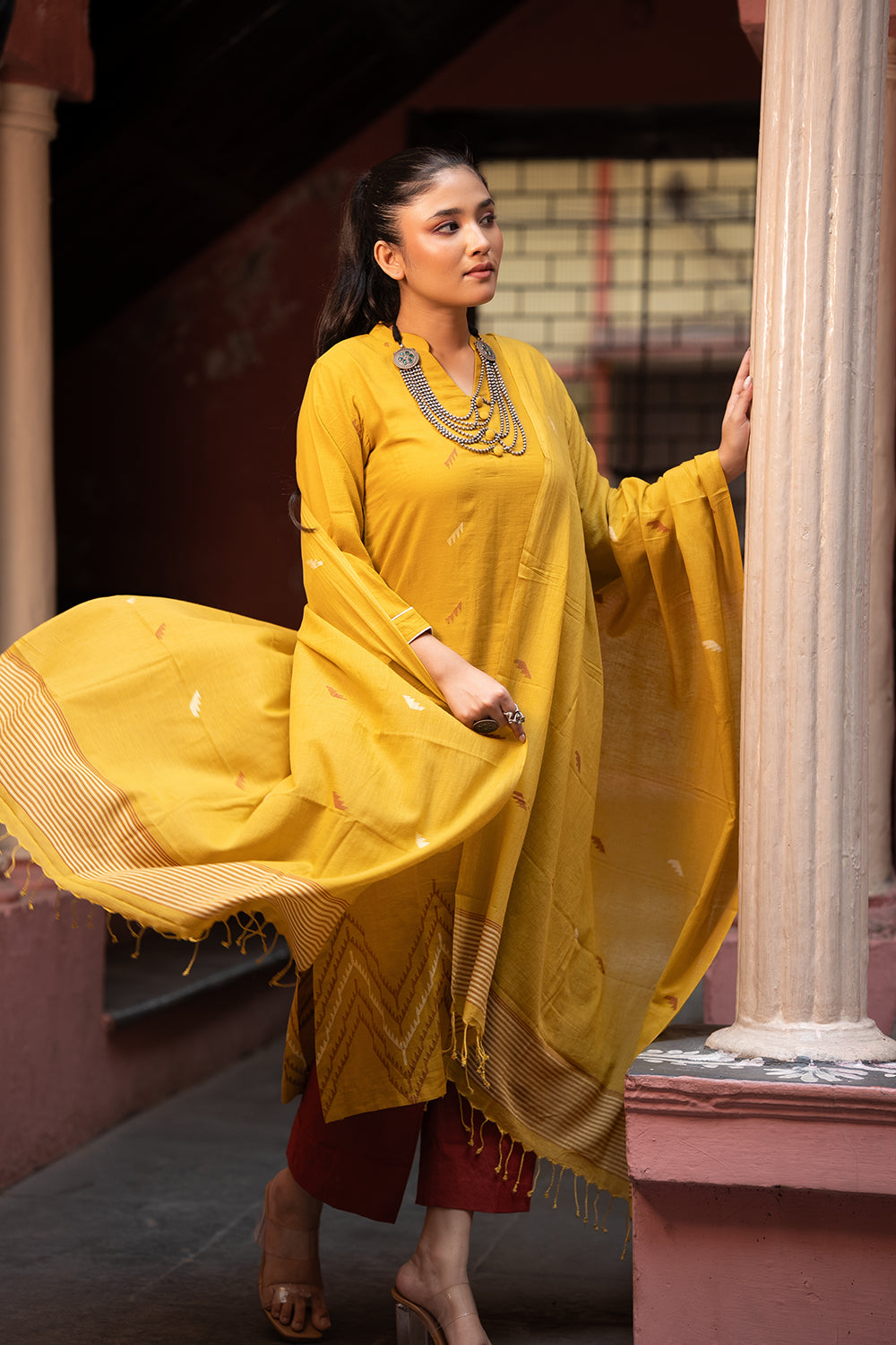 Mustard Yellow Jamdani Handwoven Pure Cotton Kurta Set