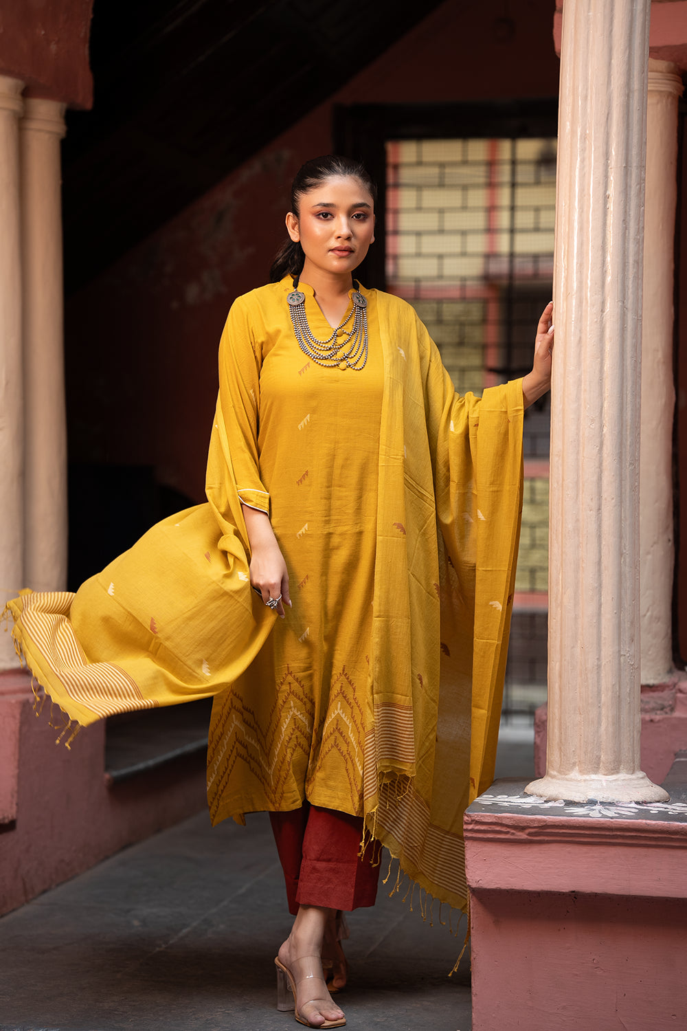 Mustard Yellow Jamdani Handwoven Pure Cotton Kurta Set