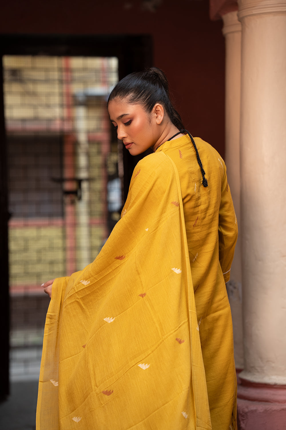 Mustard Yellow Jamdani Handwoven Pure Cotton Kurta Set