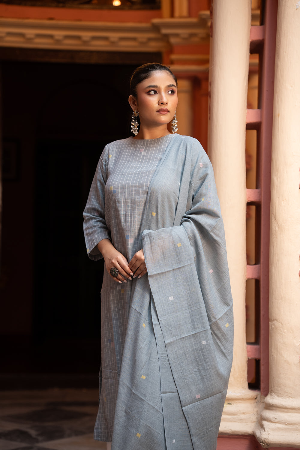 Ash Grey Jamdani Handwoven Pure Cotton Kurta Set