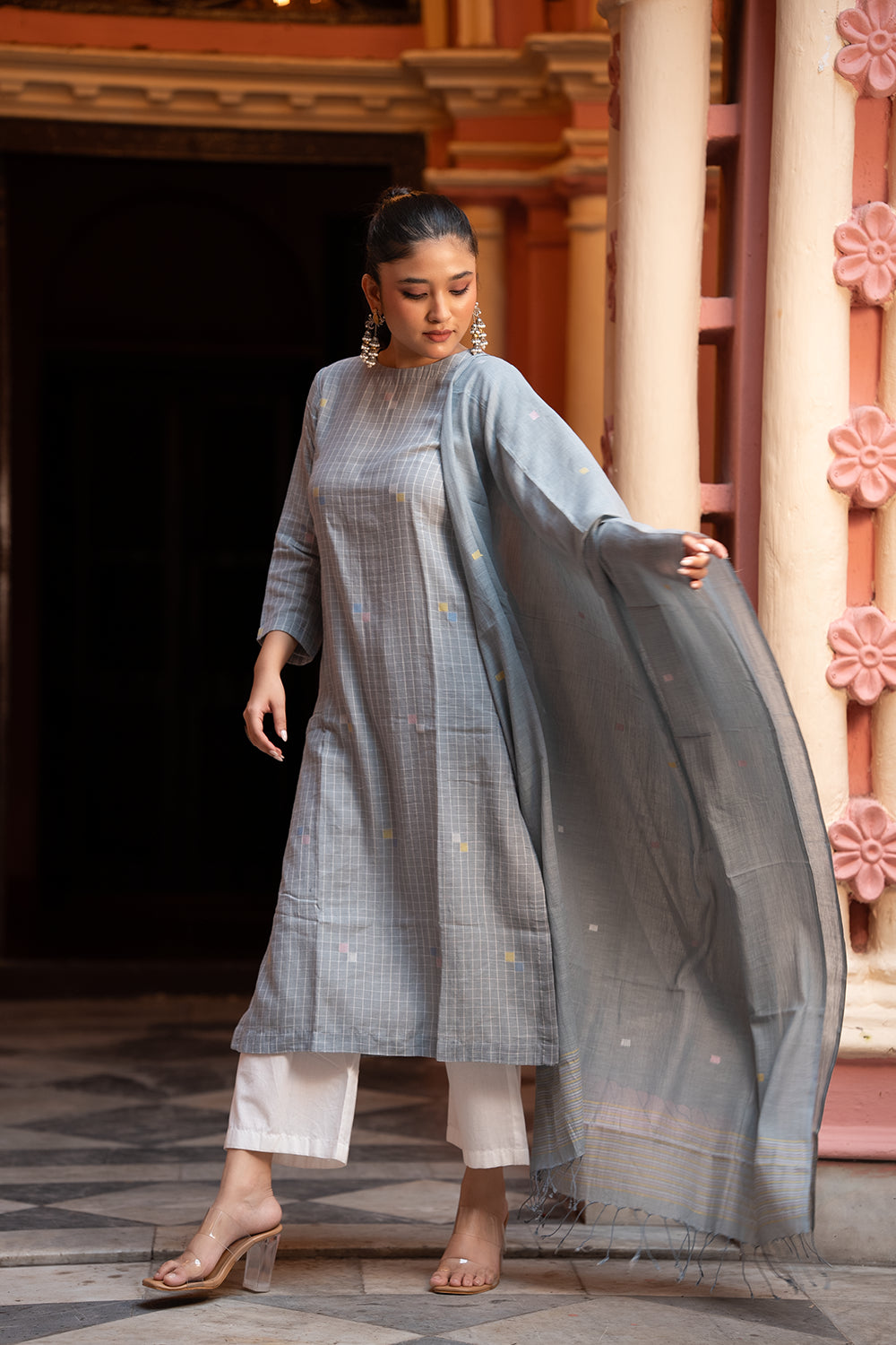 Ash Grey Jamdani Handwoven Pure Cotton Kurta Set