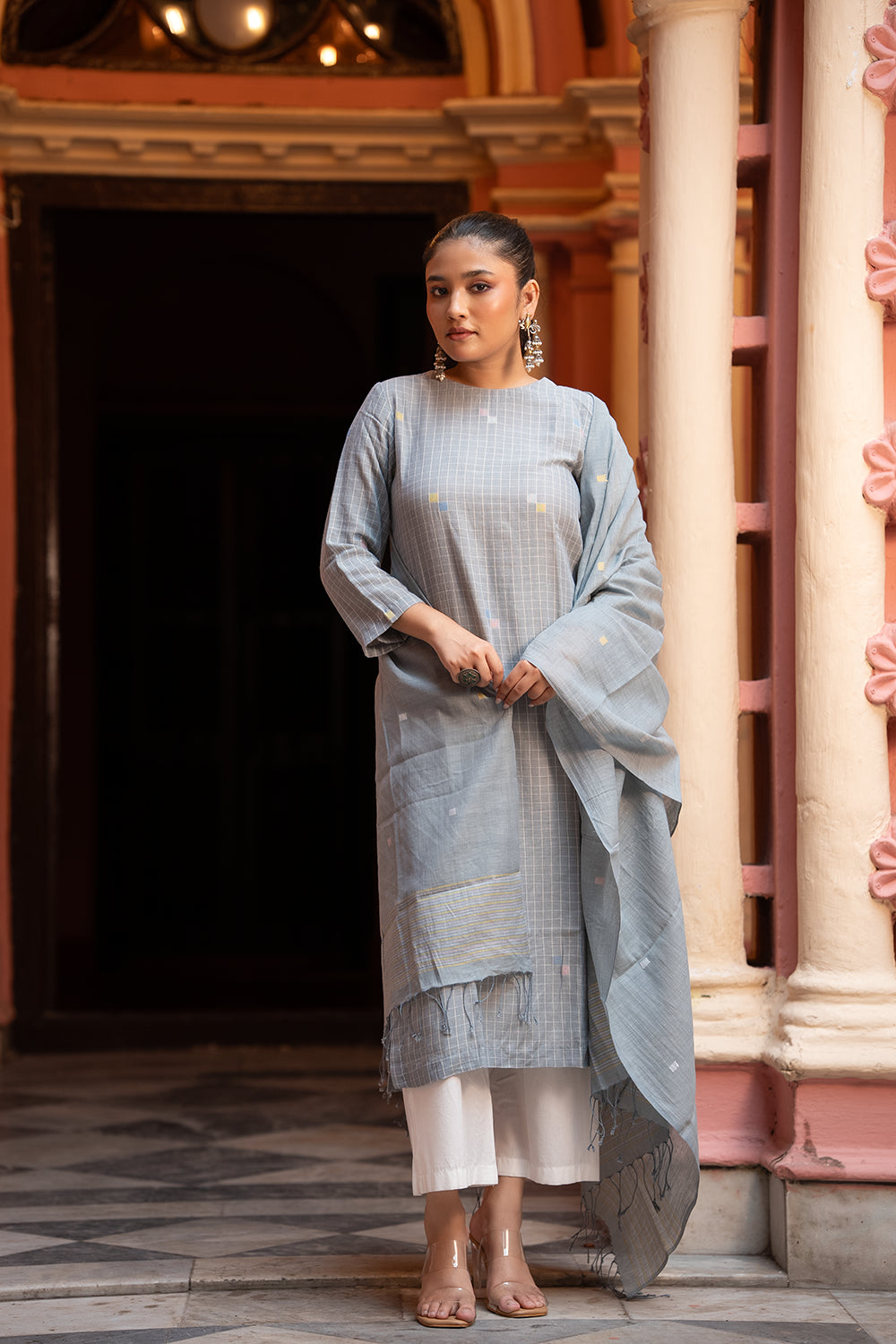 Ash Grey Jamdani Handwoven Pure Cotton Kurta Set