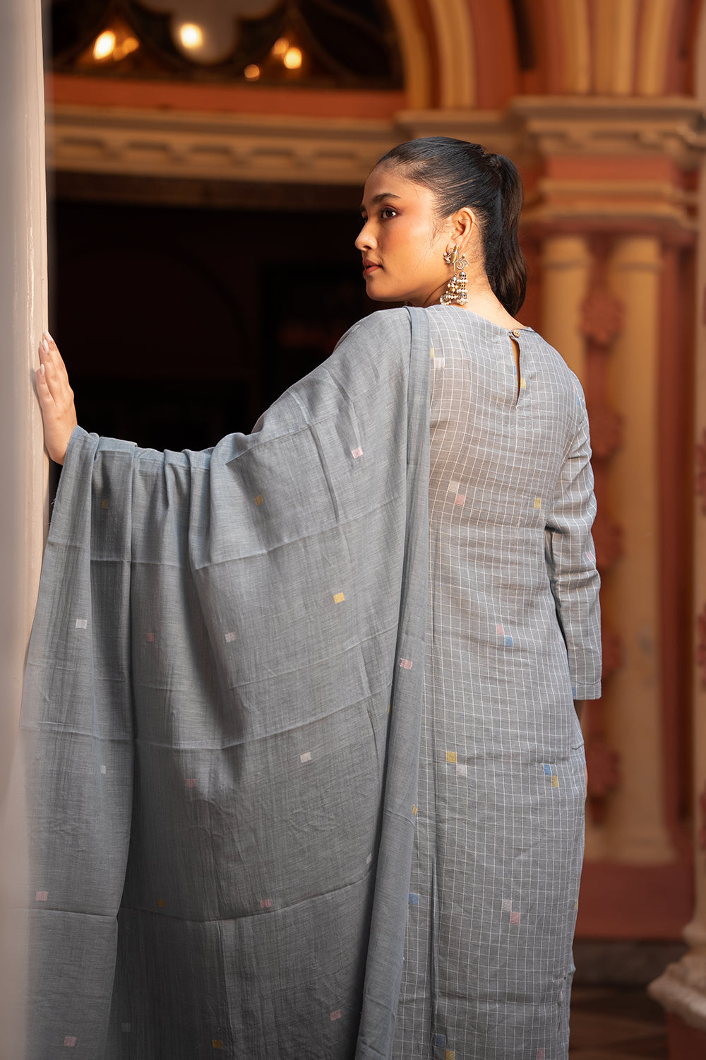 Ash Grey Jamdani Handwoven Pure Cotton Kurta Set