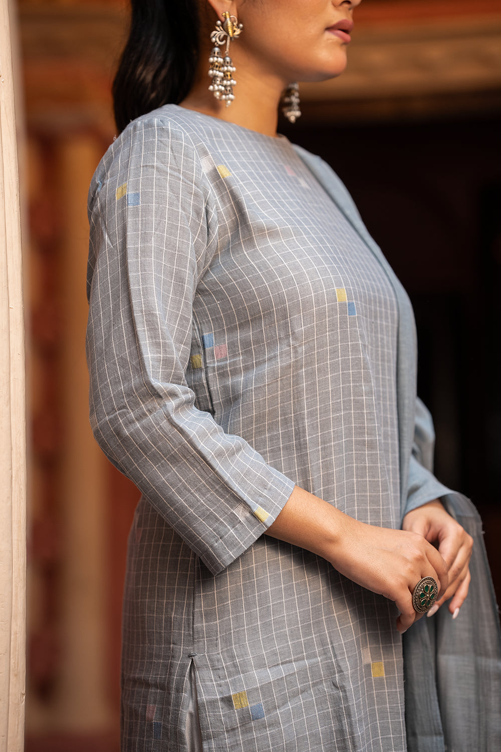 Ash Grey Jamdani Handwoven Pure Cotton Kurta Set