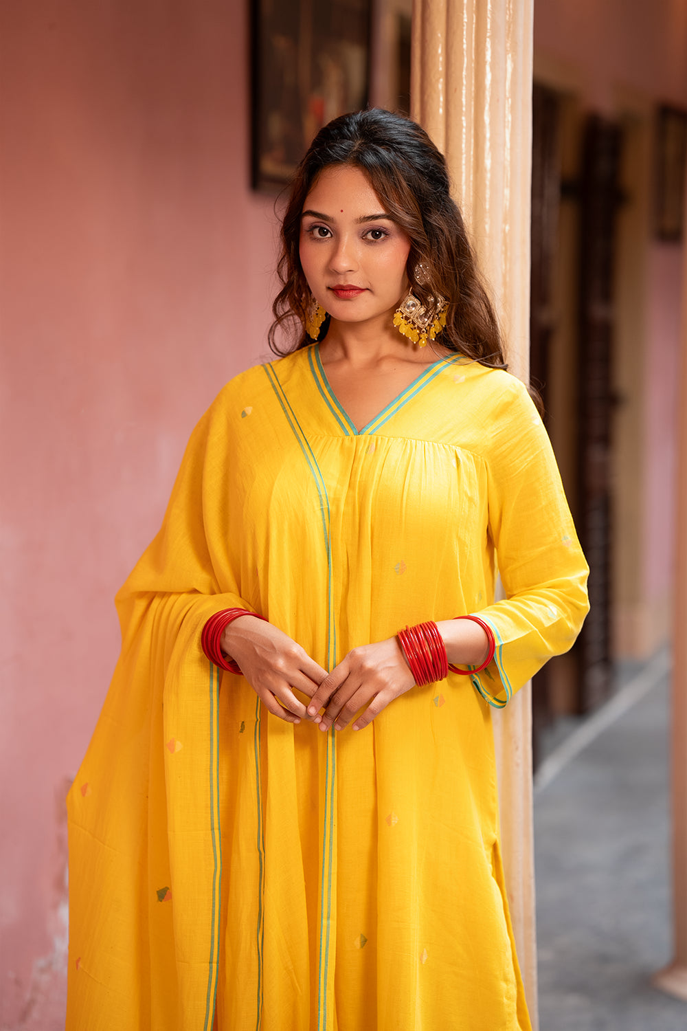 Yellow Handwoven Jamdani Cotton Kurta Set