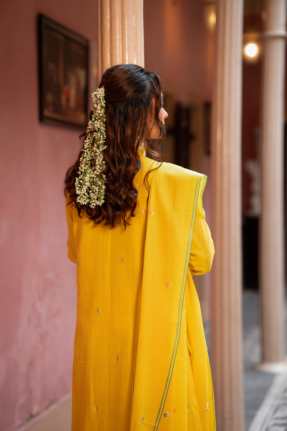 Yellow Handwoven Jamdani Cotton Kurta Set