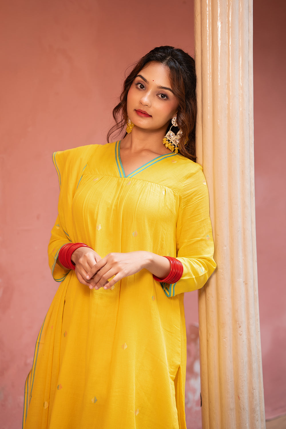 Yellow Handwoven Jamdani Cotton Kurta Set