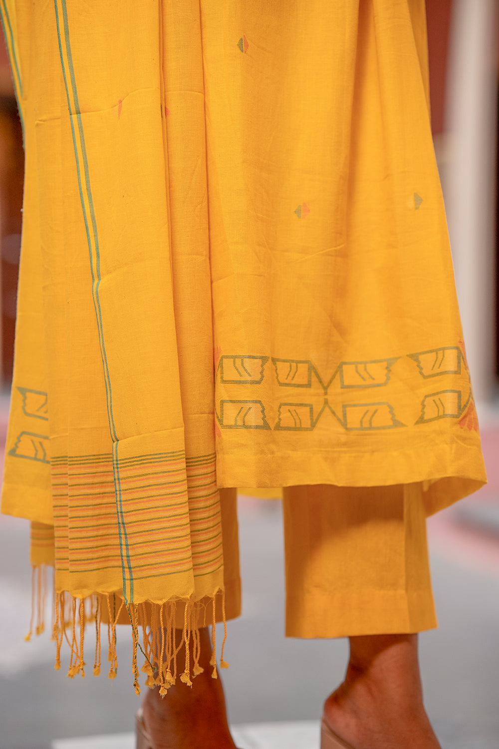 Yellow Handwoven Jamdani Cotton Kurta Set