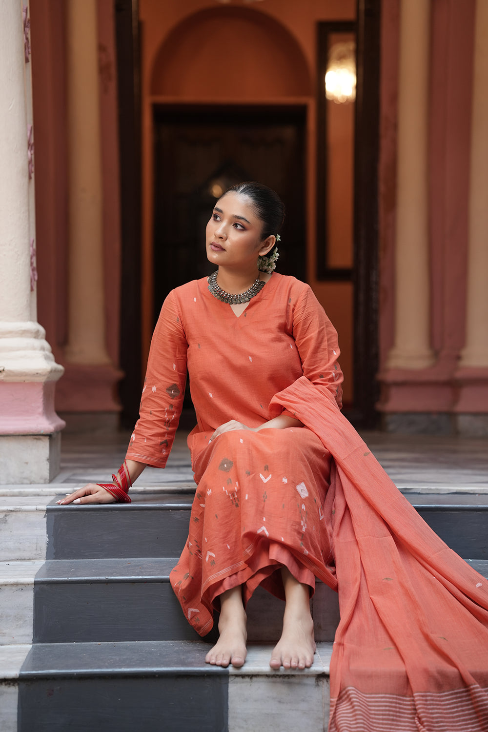 Rust Orange Jamdani Handwoven Pure Cotton Kurta Set