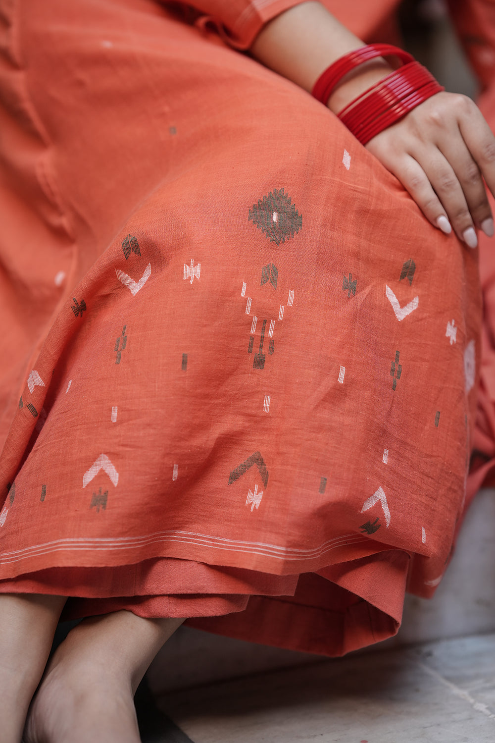 Rust Orange Jamdani Handwoven Pure Cotton Kurta Set