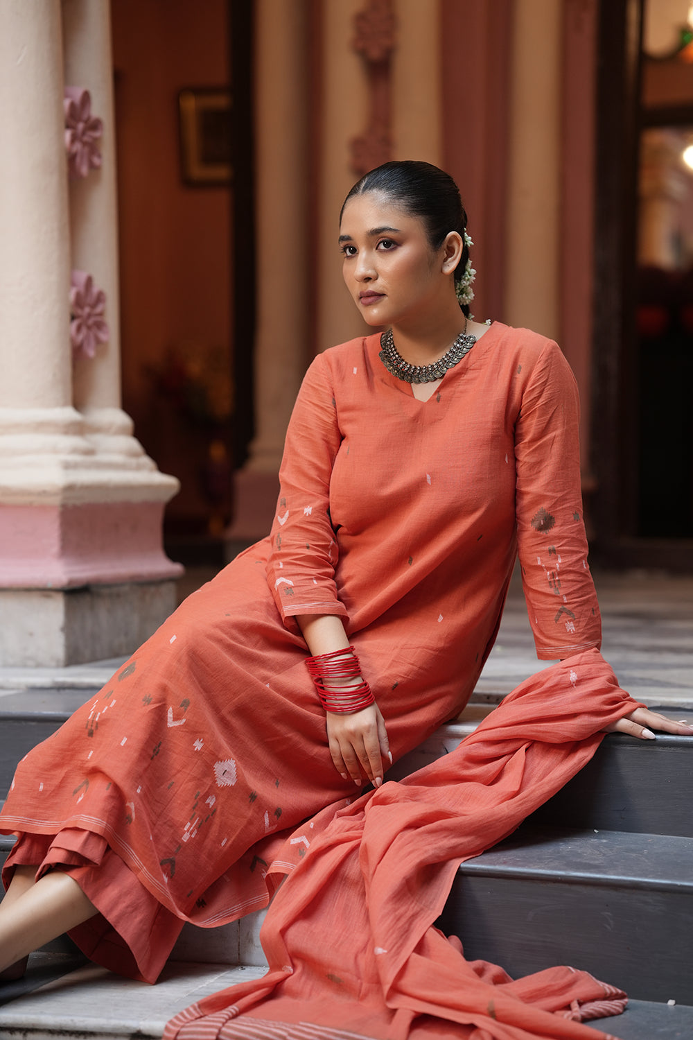 Rust Orange Jamdani Handwoven Pure Cotton Kurta Set