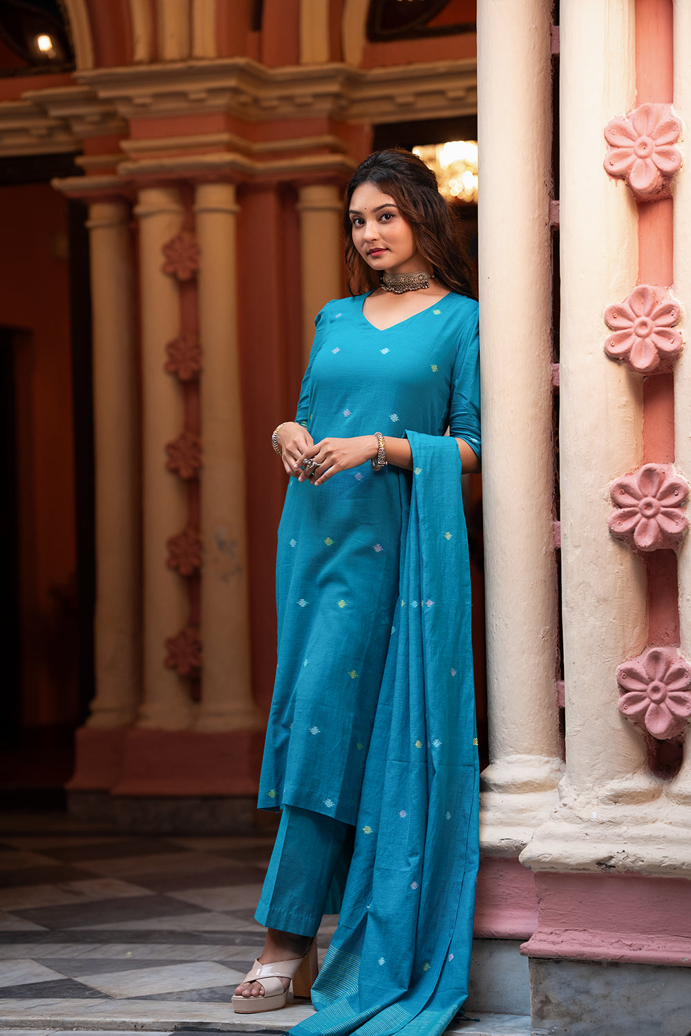 Teal Blue Yantra Motif Jamdani Kurta Set