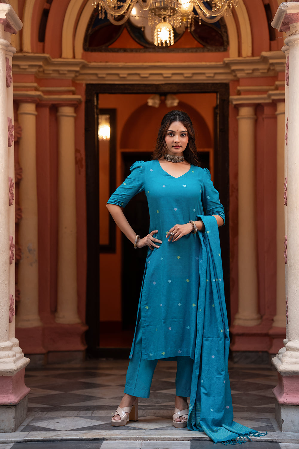 Teal Blue Yantra Motif Jamdani Kurta Set