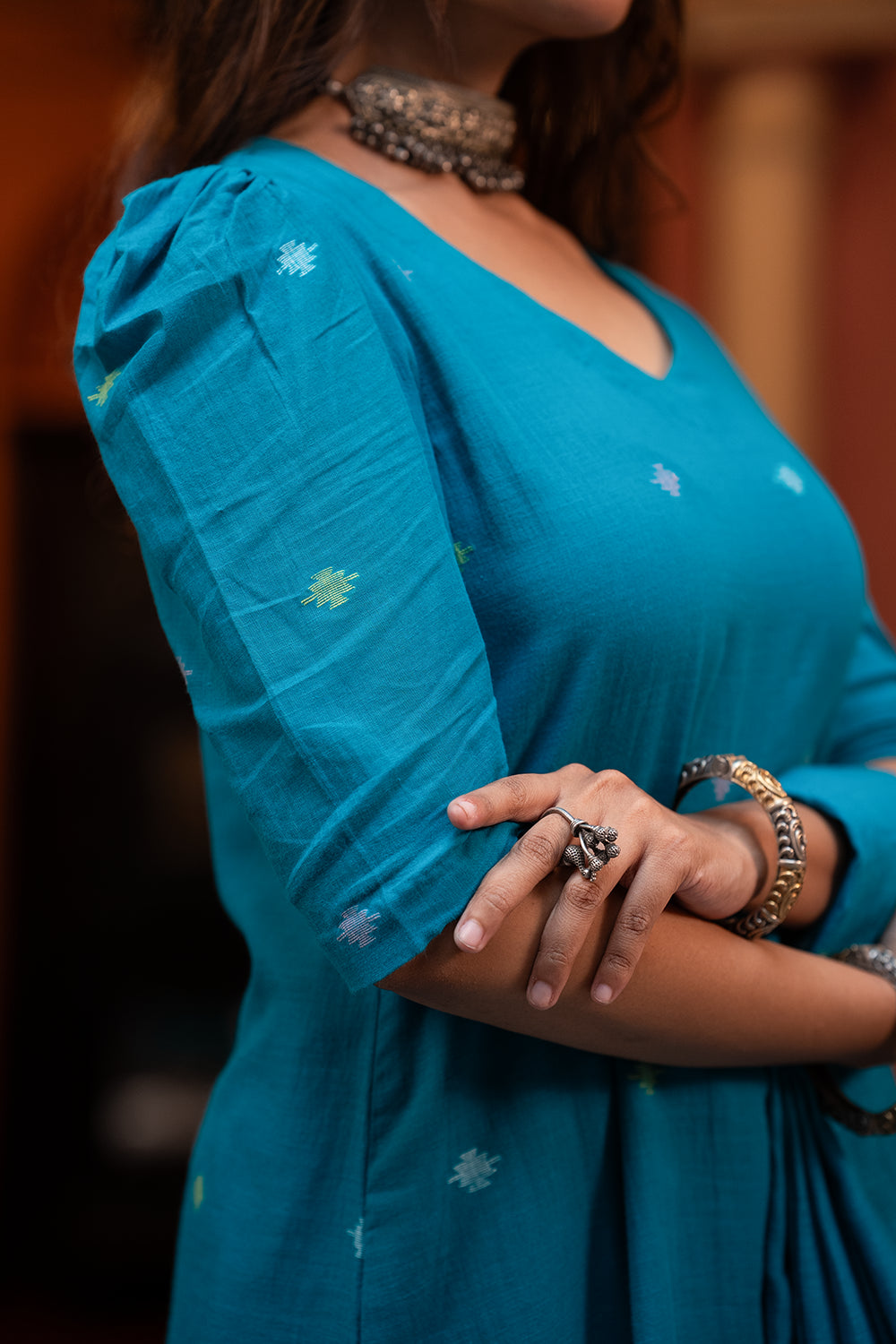 Teal Blue Yantra Motif Jamdani Kurta Set