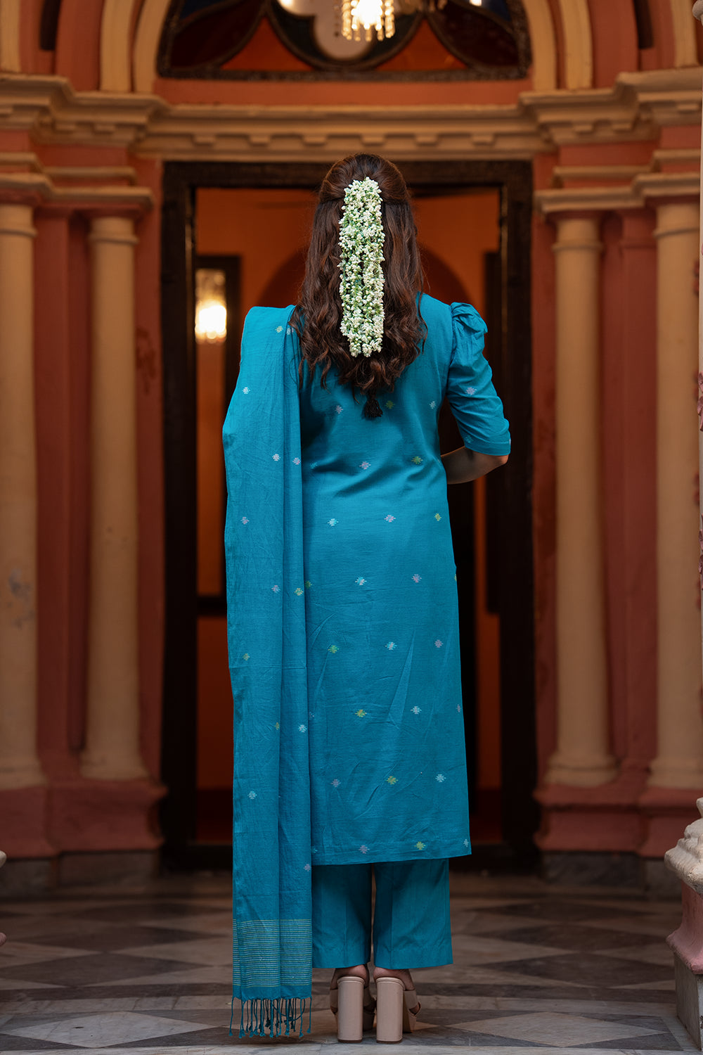 Teal Blue Yantra Motif Jamdani Kurta Set