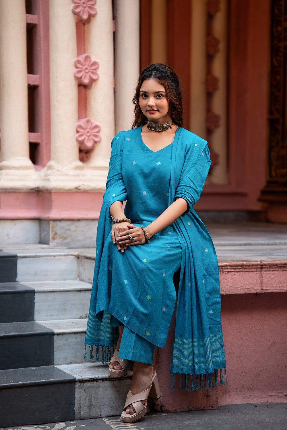 Teal Blue Yantra Motif Jamdani Kurta Set