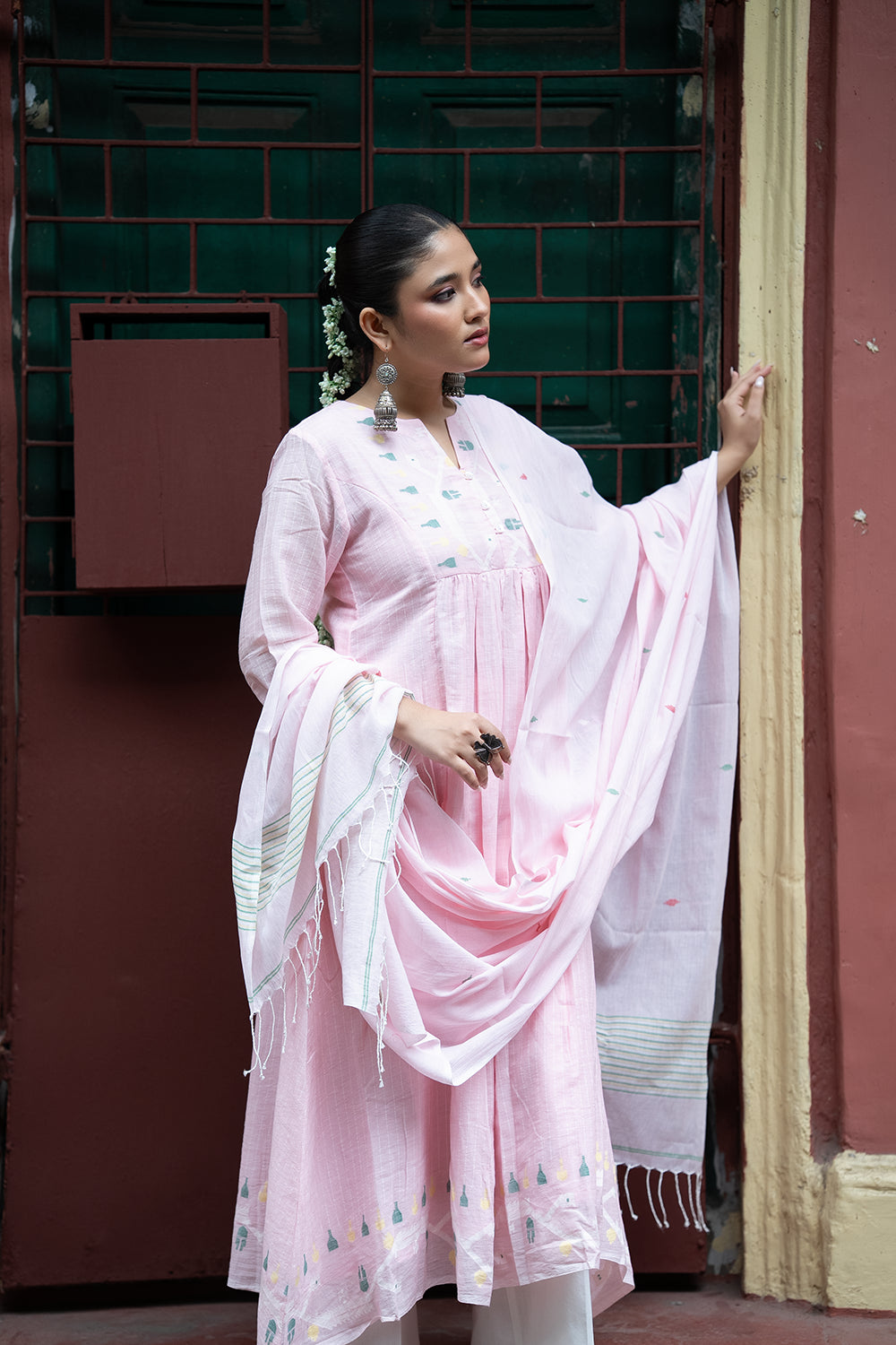 Pink Whisper Jamdani Handwoven Pure Cotton Kurta Set