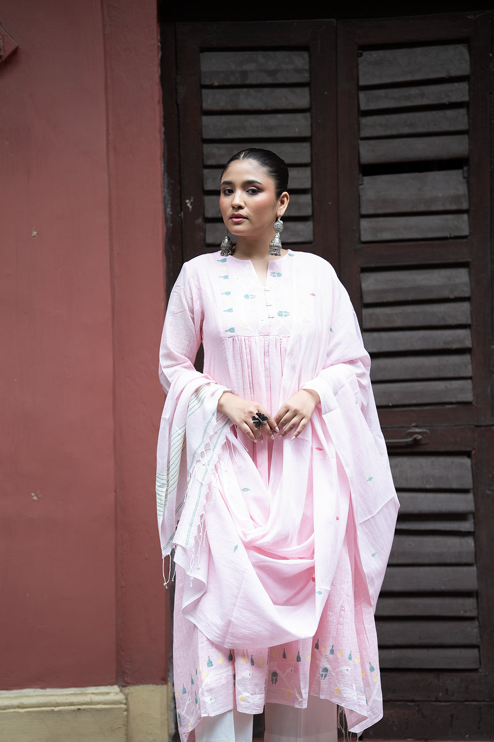 Pink Whisper Jamdani Handwoven Pure Cotton Kurta Set
